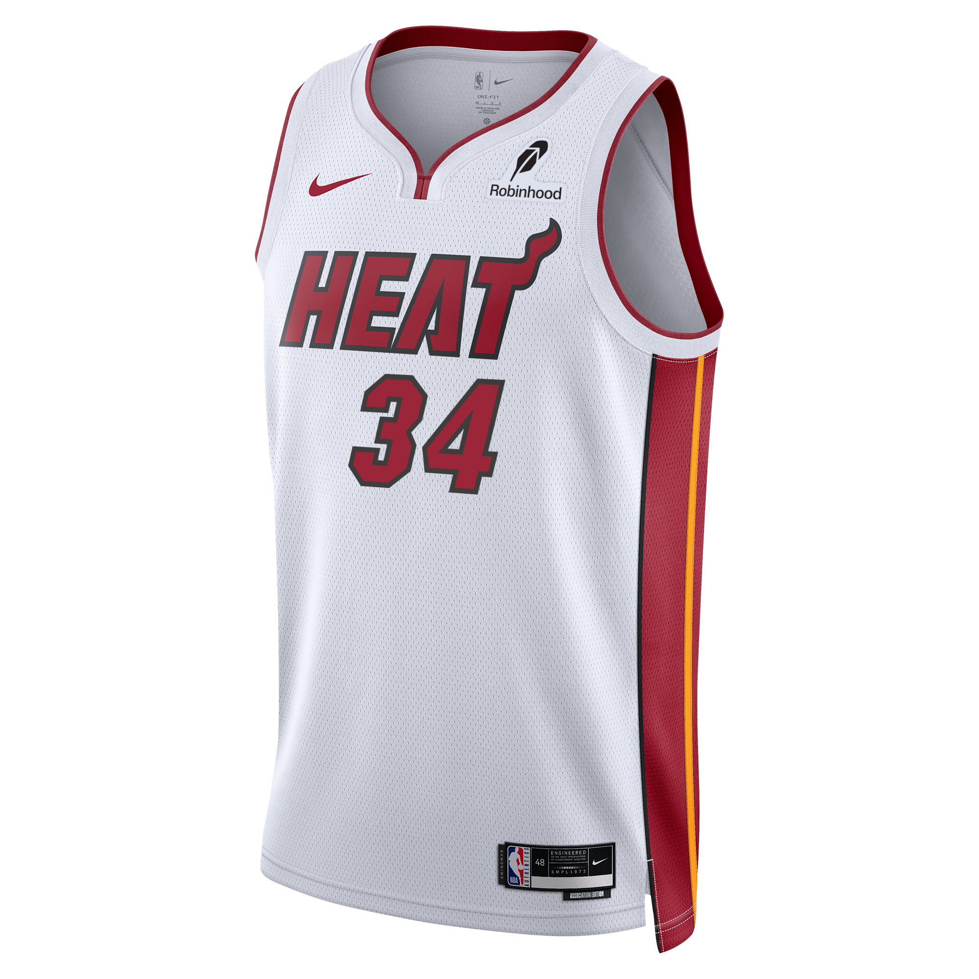 The Nike Giannis Antetokounmpo Miami HEAT Association White Youth Swingman Jersey features red trim, gold accents, #34, bold HEAT lettering, sponsor & NBA logos, and Dri-FIT tech for moisture wicking and comfort on or off the court.