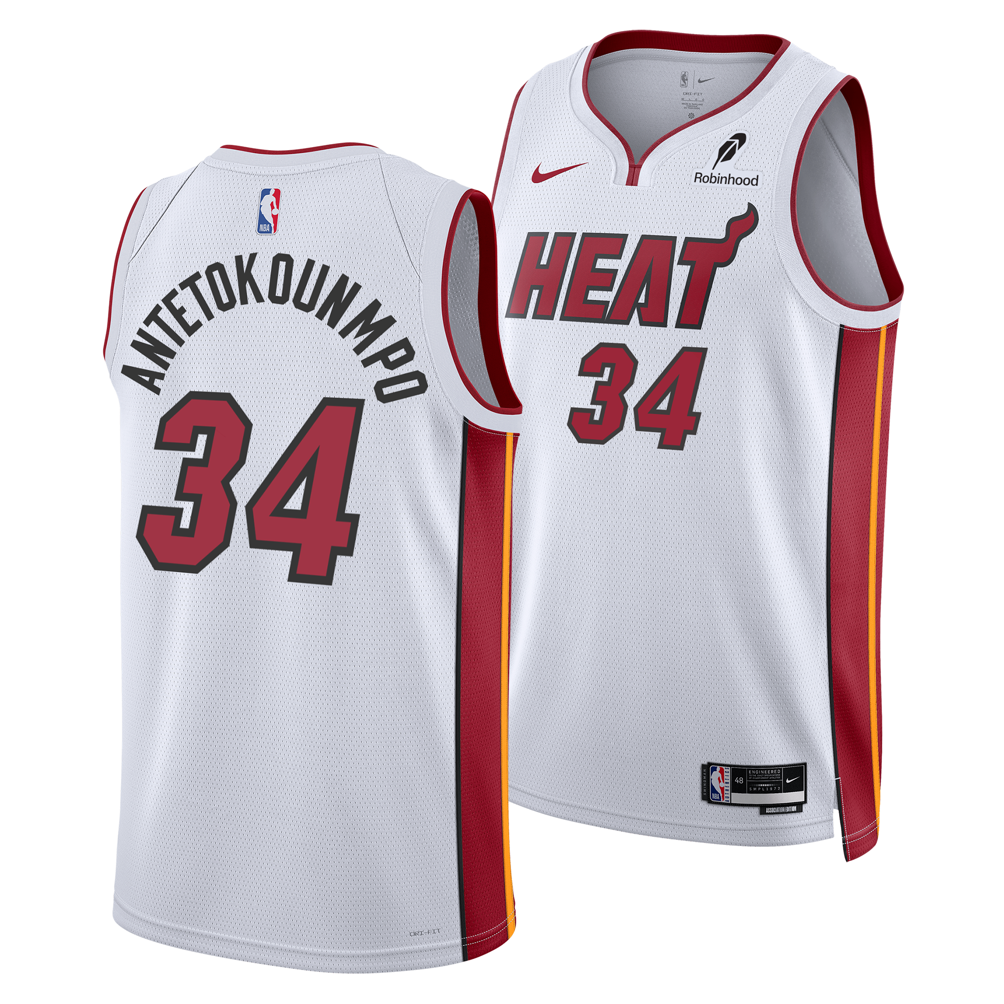 The Nike Giannis Antetokounmpo Miami HEAT Association White Swingman Jersey features Dri-FIT tech, red and black details, heat-applied 
