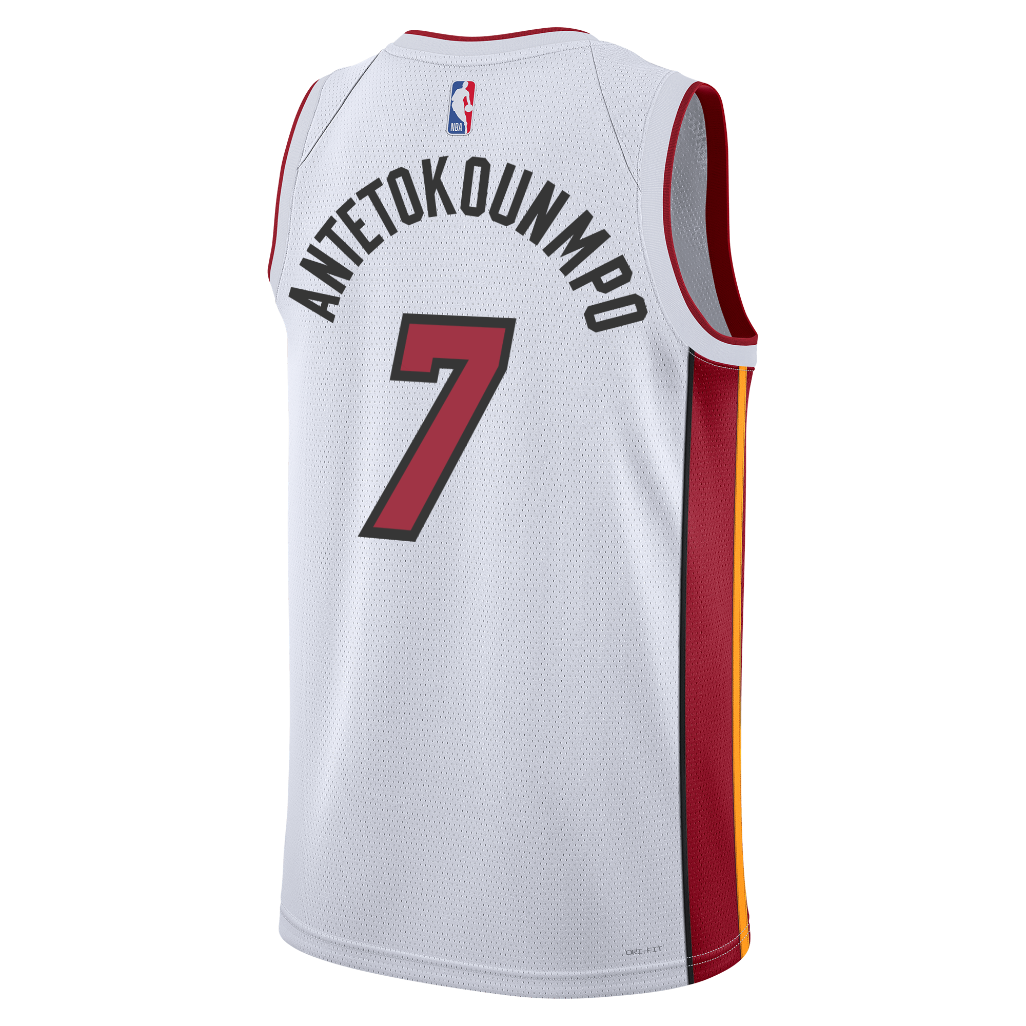 The Nike Giannis Antetokounmpo Miami HEAT Association White Swingman Jersey features red side panels, black heat-applied name and number 7 on the back, an NBA logo at the top, and Dri-FIT tech to keep you cool.