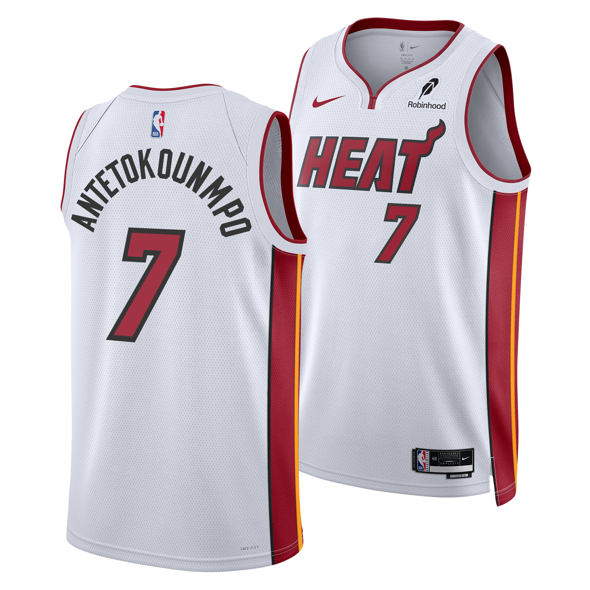The Giannis Antetokounmpo Nike Miami HEAT Association White Swingman Jersey by Nike features heat-applied twill numbers, 
