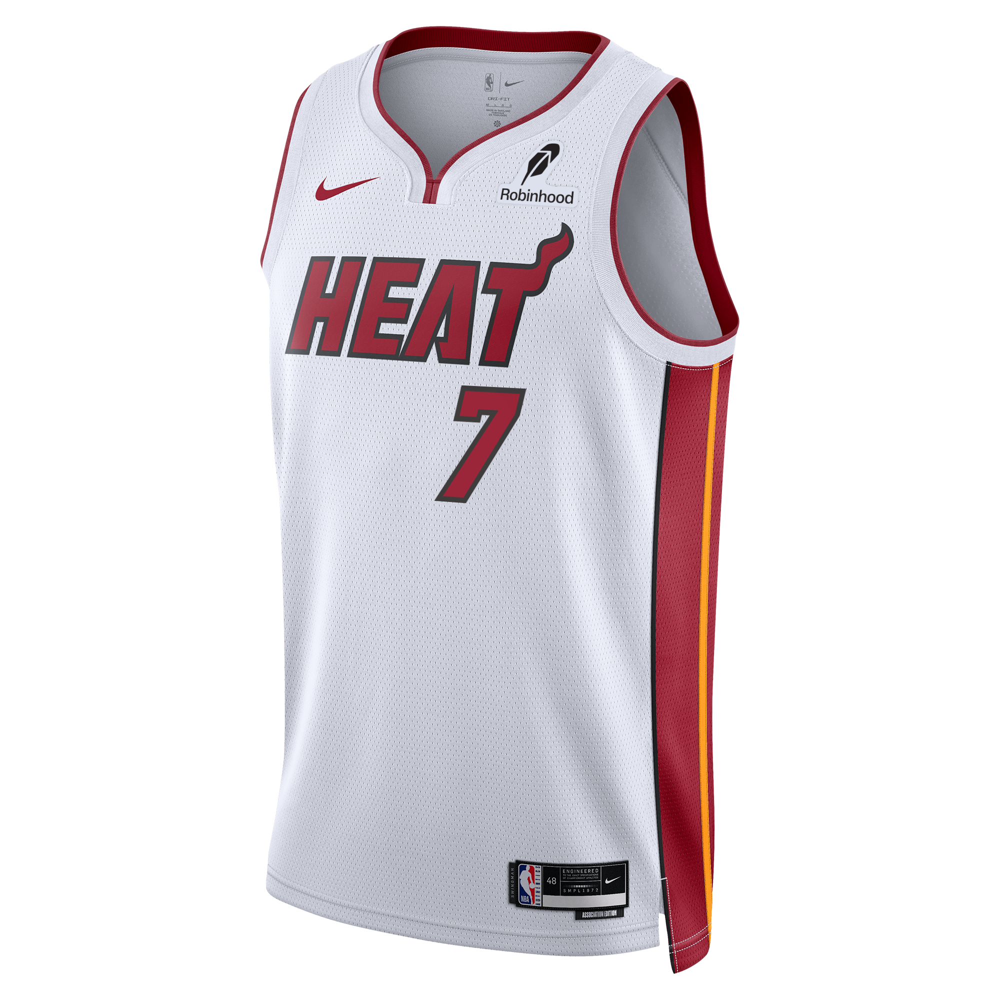 The Nike Giannis Antetokounmpo Miami HEAT Association White Swingman Jersey features red side panels, yellow trim, #7, bold red 