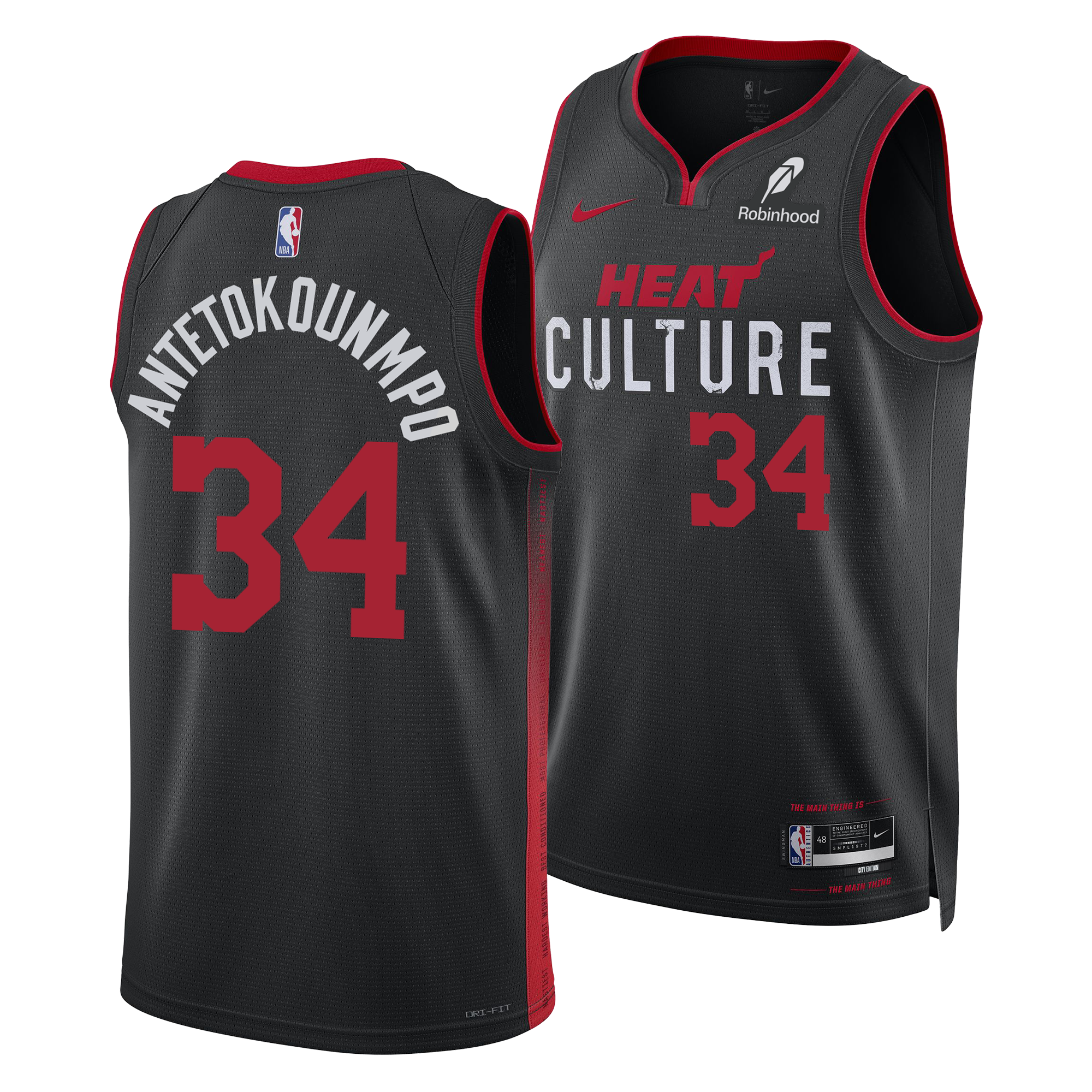 Two black Nike Miami HEAT Culture Swingman jerseys: one displays 