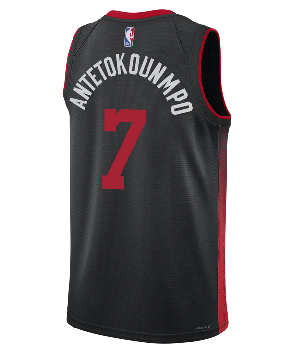 The Giannis Antetokounmpo Nike HEAT Culture Swingman Jersey features a black 2023-24 Miami HEAT City Edition design with red accents, bold HEAT CULTURE front text, number 7, Nike and Robinhood logos, and an NBA patch near the hem.