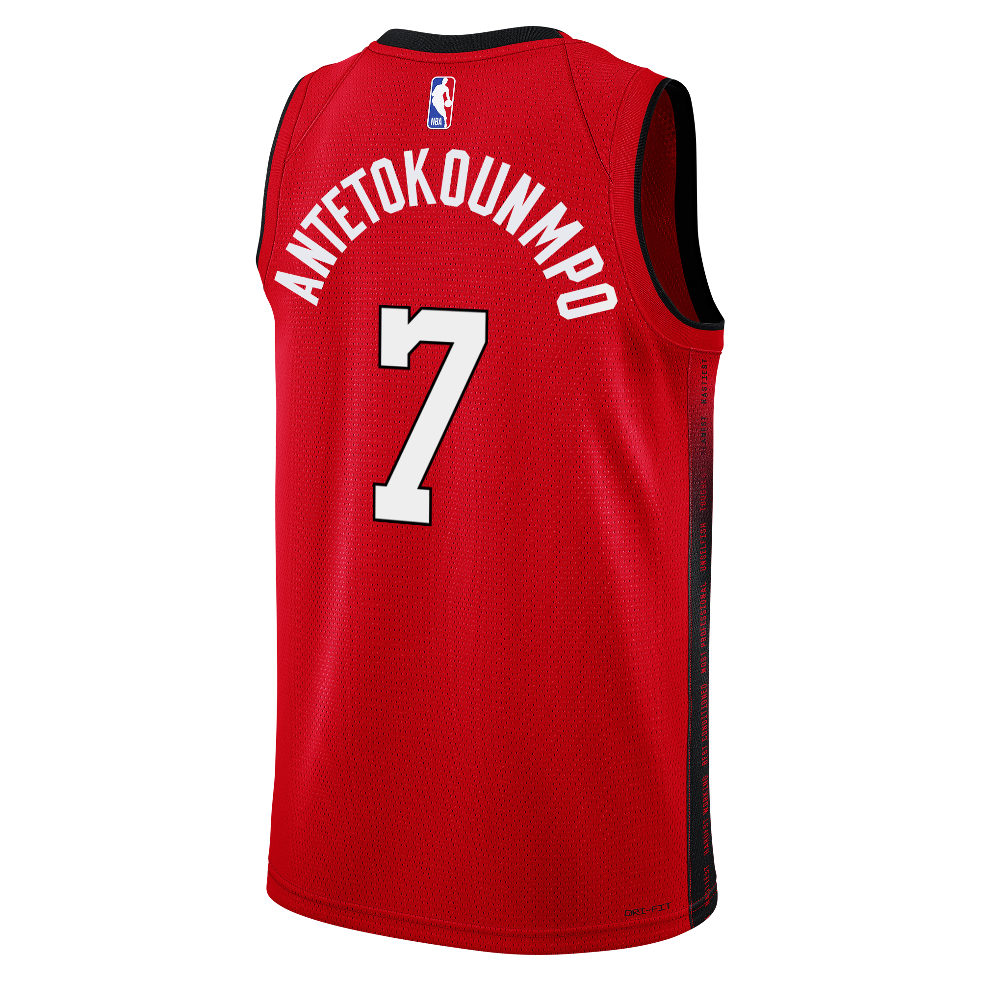 The Nike Giannis Antetokounmpo HEAT Culture Blood Red Swingman Jersey features black trim, ANTETOKOUNMPO and 7 in white on the back, plus an NBA logo near the collar—the perfect Miami HEAT fan uniform.
