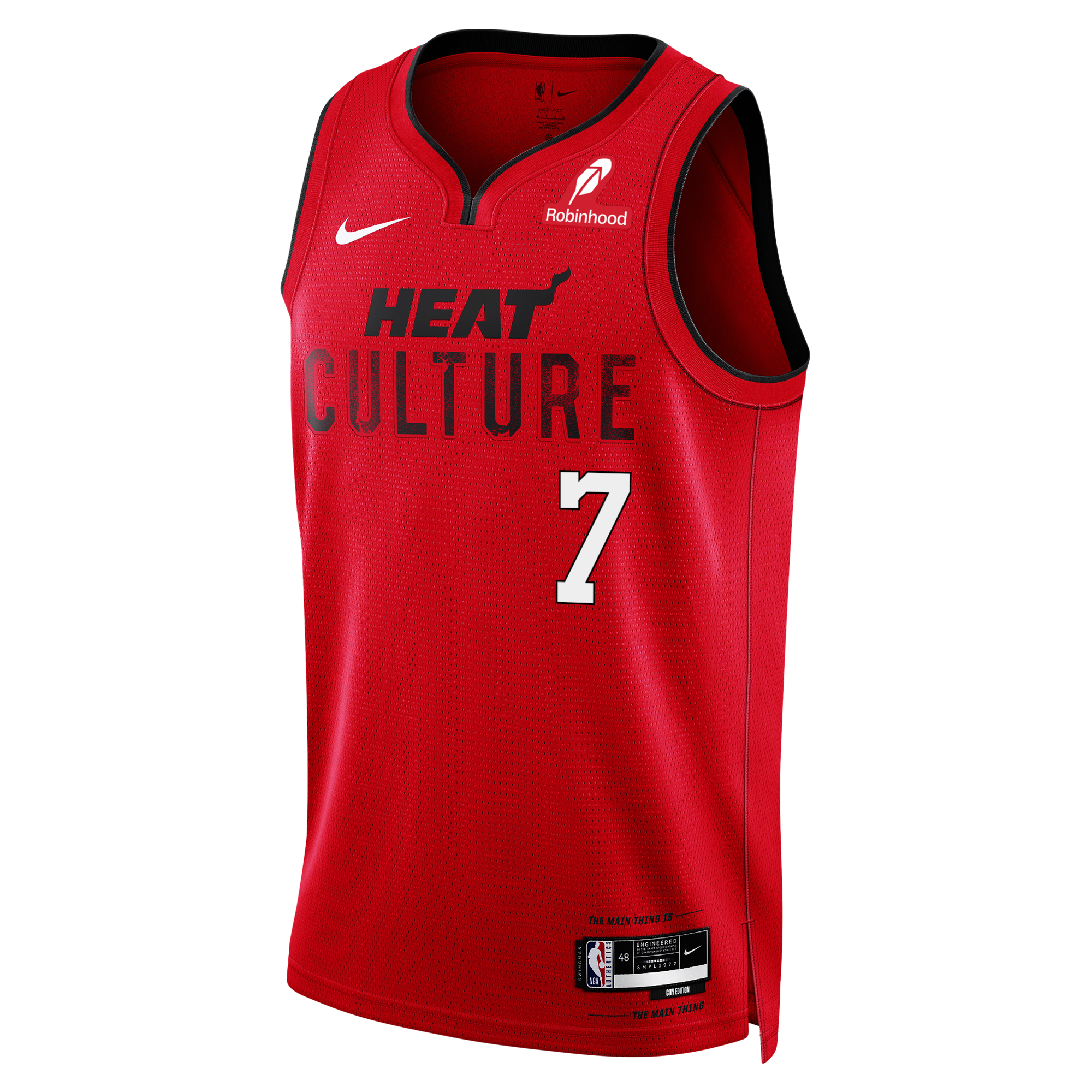Show your Miami pride with the Giannis Antetokounmpo Nike HEAT Culture: Blood Red Swingman Jersey—featuring bold HEAT CULTURE lettering, number 7, black trim, Nike and Robinhood logos. Pre-order this exclusive uniform now!.
