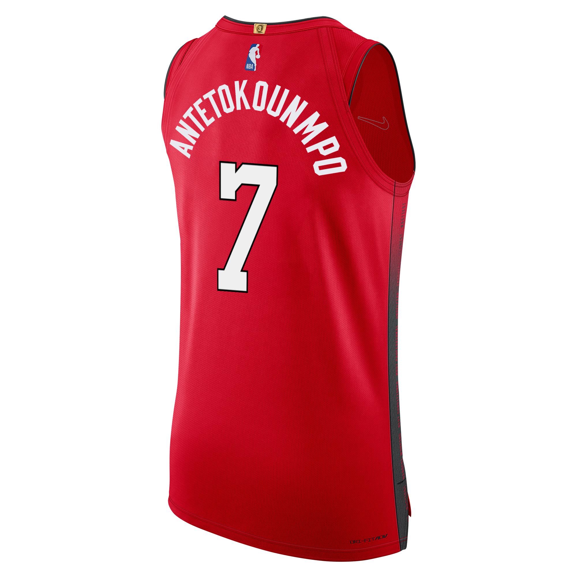 The Giannis Antetokounmpo Nike HEAT Culture: Blood Red Authentic Jersey by Nike is inspired by the Miami HEAT 2024-25 HEAT Culture uniform. It features a bold blood red design with ANTETOKOUNMPO and the number 7 in white on the back, along with official NBA and Nike logos.