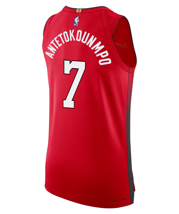 A Giannis Antetokounmpo Nike HEAT Culture: Blood Red Authentic Jersey showcasing bold black “HEAT CULTURE” lettering, white number 7, and featuring Nike and Robinhood logos on the chest.