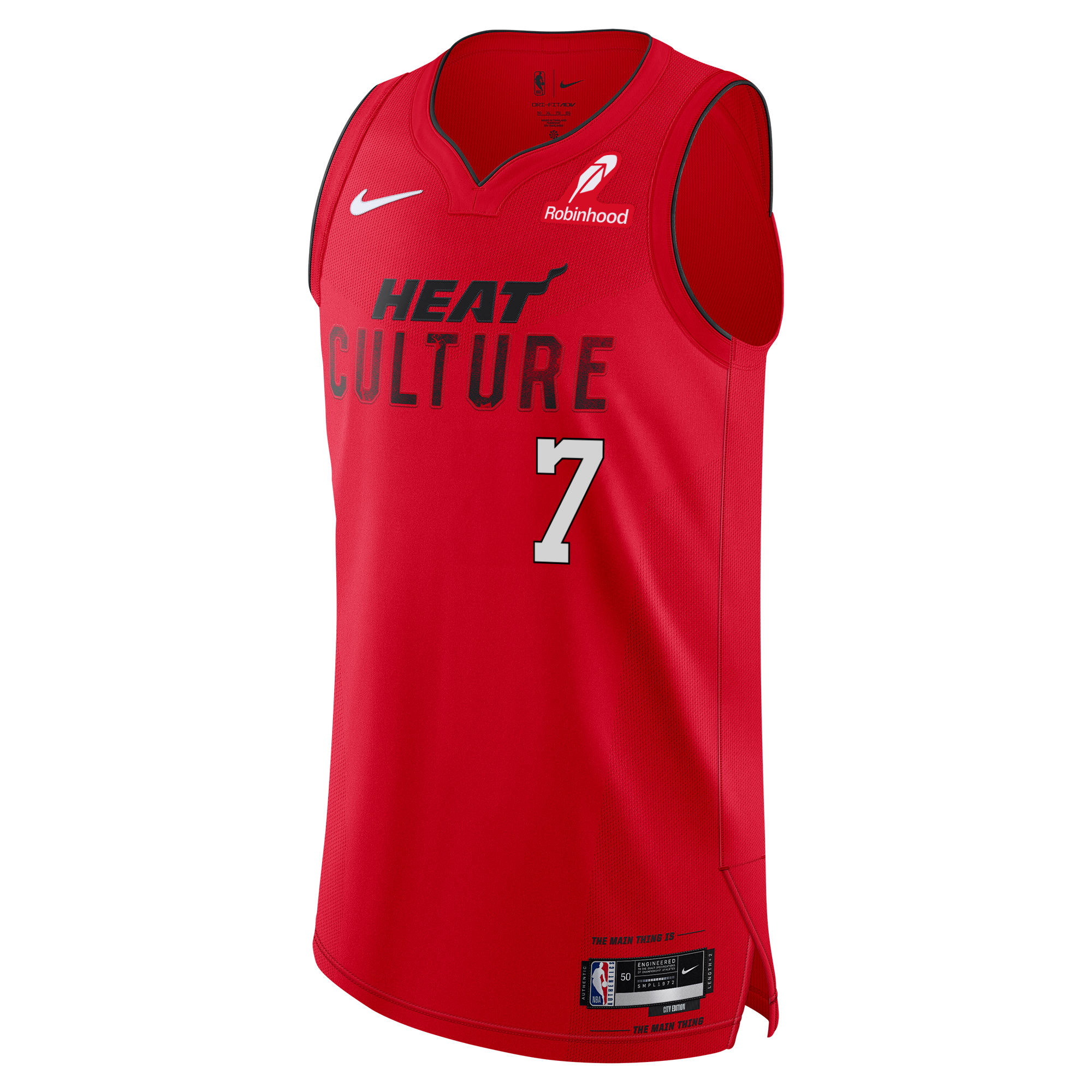 A Giannis Antetokounmpo Nike HEAT Culture: Blood Red Authentic Jersey showcasing bold black “HEAT CULTURE” lettering, white number 7, and featuring Nike and Robinhood logos on the chest.