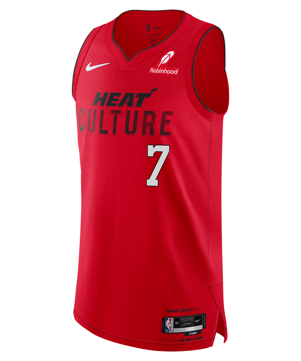 A Giannis Antetokounmpo Nike HEAT Culture: Blood Red Authentic Jersey showcasing bold black “HEAT CULTURE” lettering, white number 7, and featuring Nike and Robinhood logos on the chest.