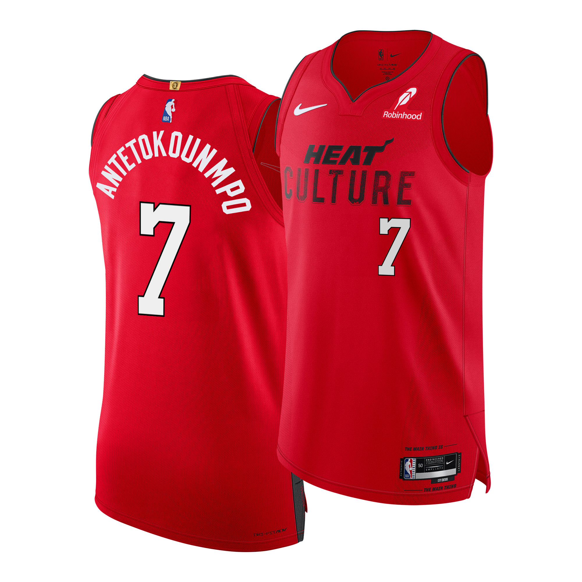 Two Nike Giannis Antetokounmpo HEAT Culture: Blood Red Authentic Jerseys in red, featuring the bold Miami HEAT 2024-25 Blood Red design. The front displays “HEAT CULTURE” and number 7, while the back features “ANTETOKOUNMPO” and number 7. These official jerseys include both Nike and Robinhood logos for an authentic appearance.