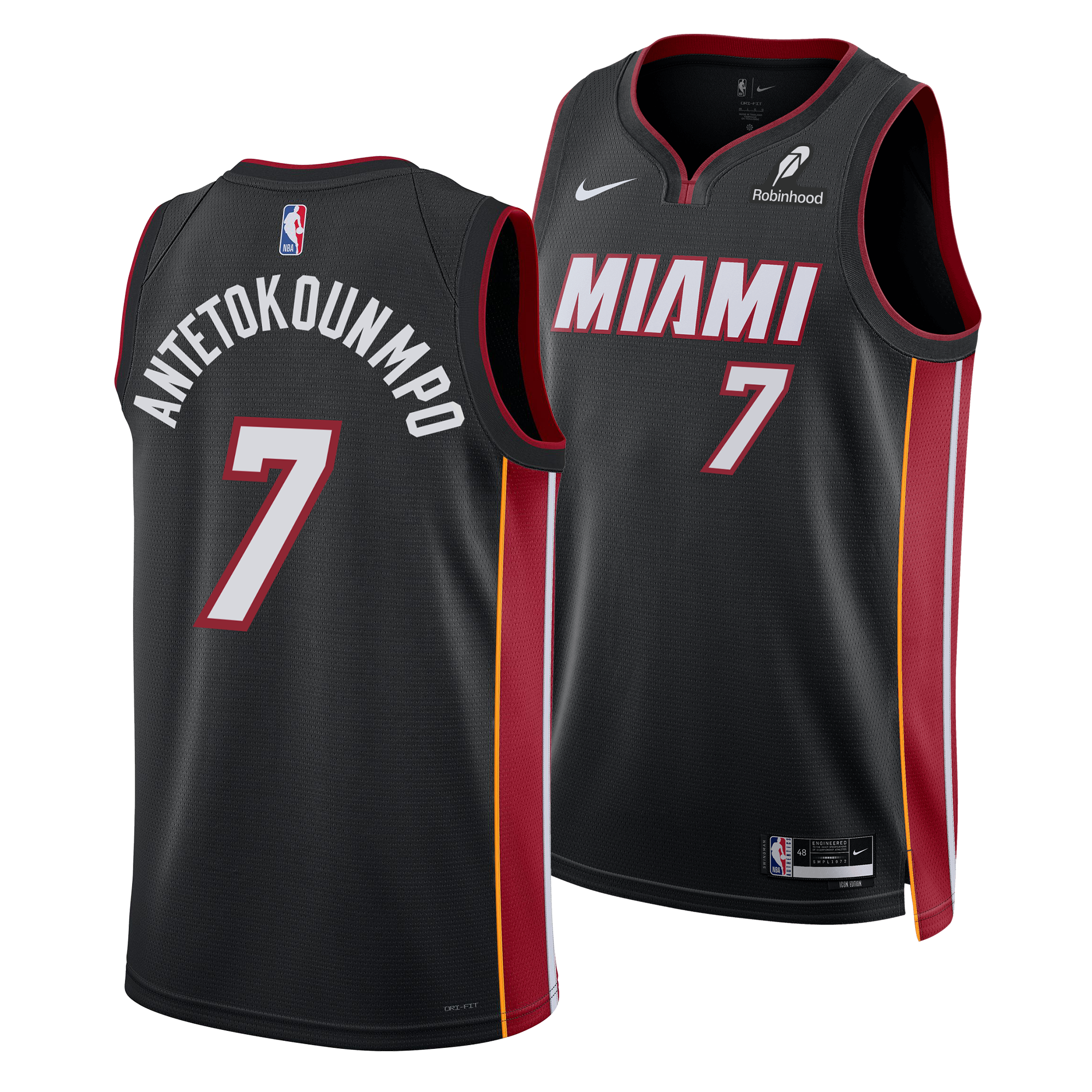 The Giannis Antetokounmpo Nike Miami HEAT Icon Black Swingman Jersey features Antetokounmpo's name and #7 in white and red, with Nike and Robinhood logos, plus Dri-FIT tech for comfort. Shown from both front and back views.