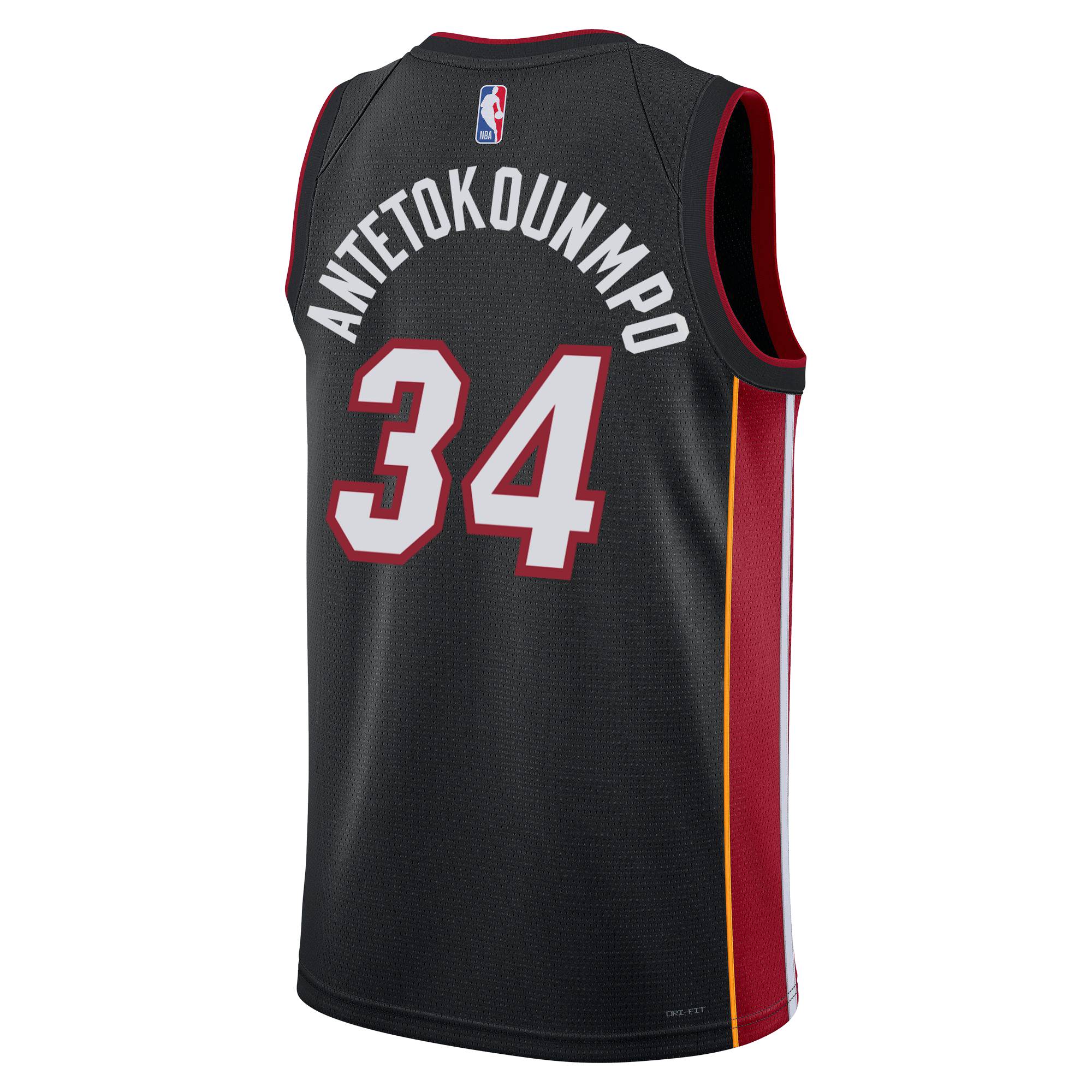 The Nike Miami HEAT Icon Black Youth Swingman Jersey features Giannis Antetokounmpo’s name and #34 on the back, red and yellow side stripes, team details throughout, and the NBA logo near the collar.