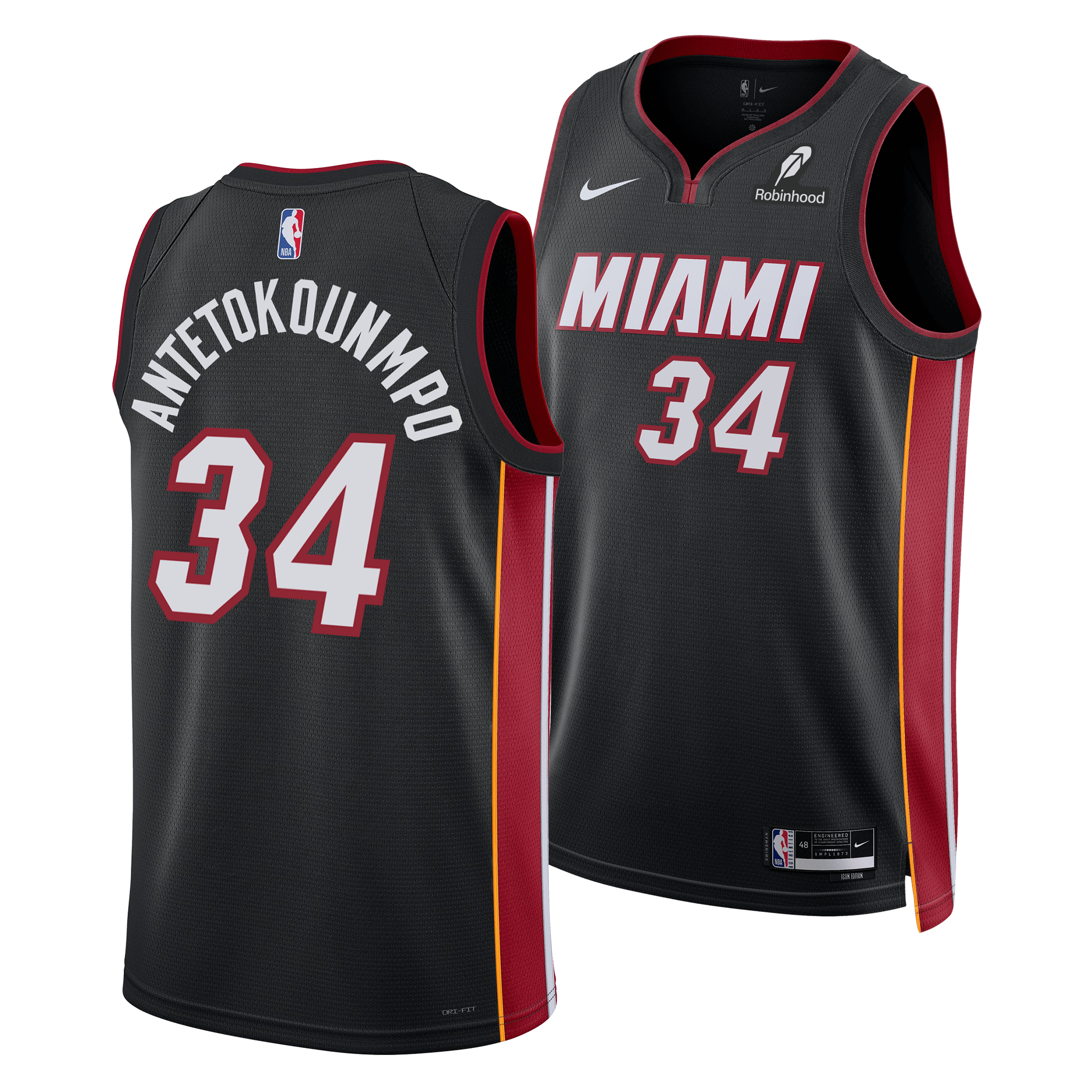 The Nike Giannis Antetokounmpo Miami HEAT Icon Black Swingman Jersey features Dri-FIT tech, red/white accents, heat-applied Miami graphics with number 34 on front, and 