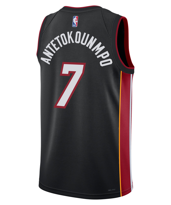 Pre-order the Nike Giannis Antetokounmpo Miami HEAT Icon Black Youth Swingman Jersey, featuring red, white, and yellow side stripes, Dri-FIT tech, twill team/player details, number 7, 
