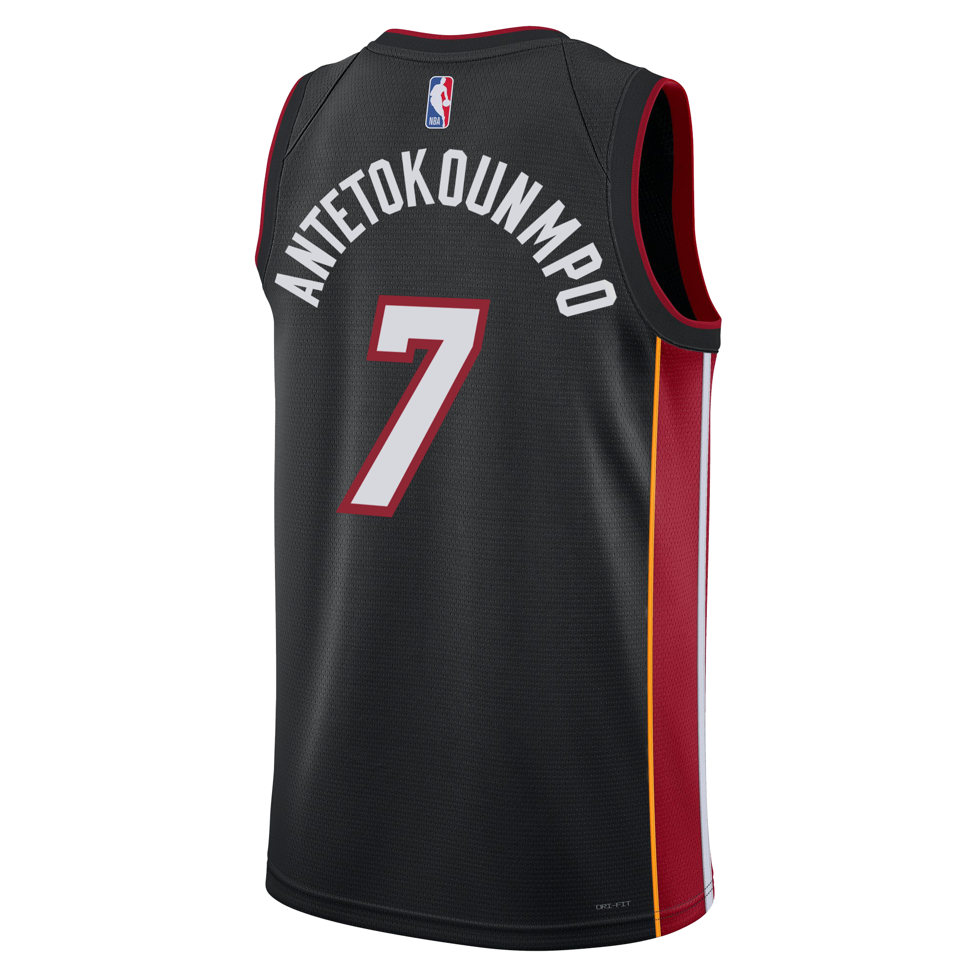 The Nike Giannis Antetokounmpo Miami HEAT Icon Black Swingman Jersey features red and yellow side stripes, Antetokounmpo’s name and number 7 on the back, NBA logo, and Dri-FIT tech to keep you cool on or off the court.