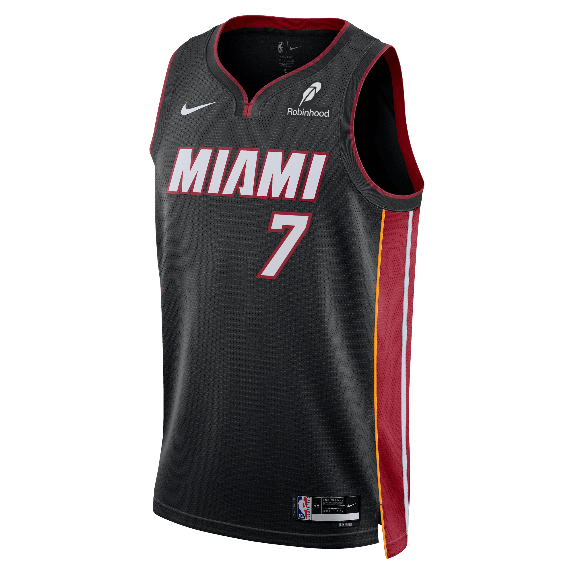 The Giannis Antetokounmpo Nike Miami HEAT Icon Black Swingman Jersey features red and white MIAMI text, number 7, red/yellow side panels, Nike and Robinhood logos, and Dri-FIT technology for comfort.