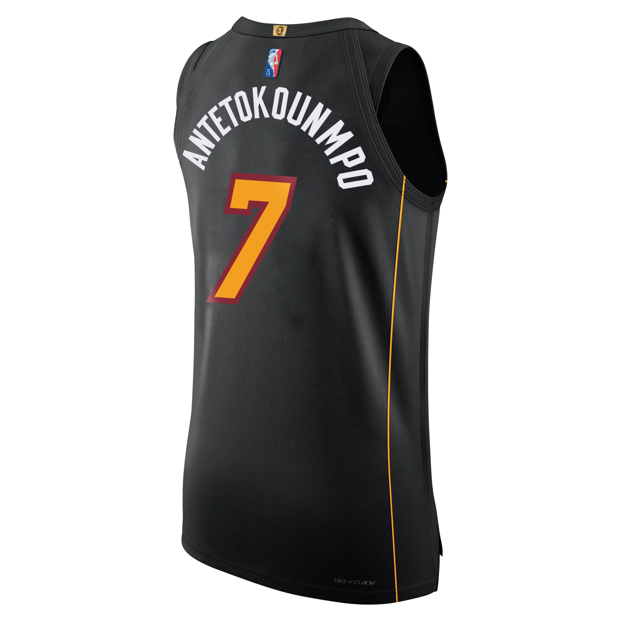 The image displays the back of the Giannis Antetokounmpo Nike Miami Mashup Authentic Jersey by Nike. This black basketball jersey features red and yellow trim, twill team accents, “ANTETOKOUNMPO” and the number 7 on the back, NBA and Nike logos near the collar, and an authentic jock tag at the hem.