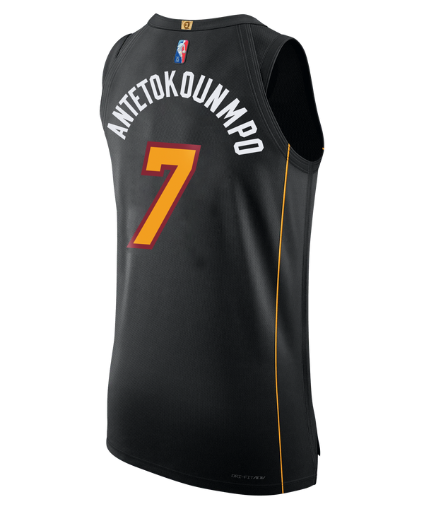 A black Giannis Antetokounmpo Nike Miami Mashup Authentic Jersey featuring colorful Miami text, the number 7, Nike and Robinhood logos, yellow side accents, twill team details, and 15 Strong near the hem.