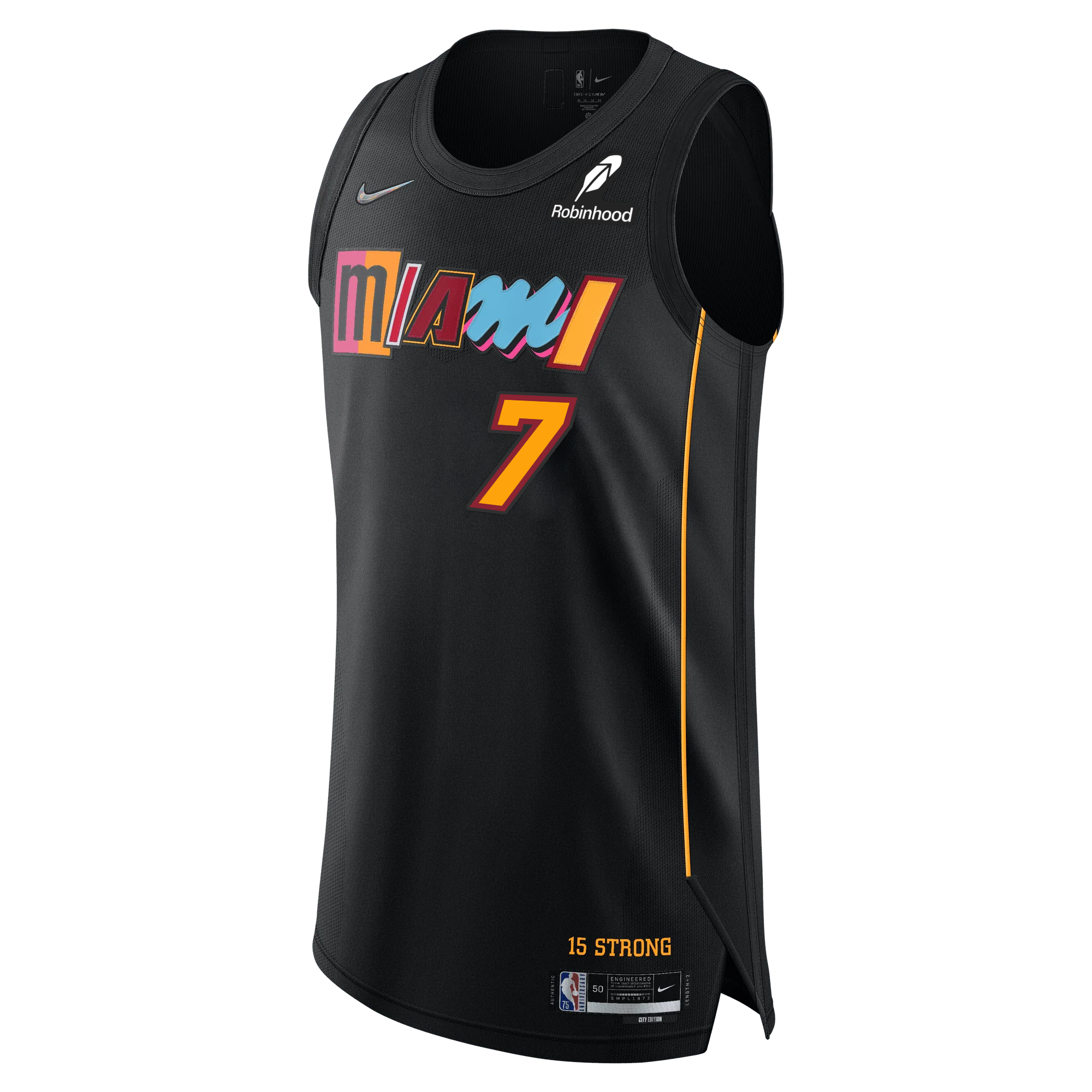 A black Giannis Antetokounmpo Nike Miami Mashup Authentic Jersey featuring colorful Miami text, the number 7, Nike and Robinhood logos, yellow side accents, twill team details, and 15 Strong near the hem.