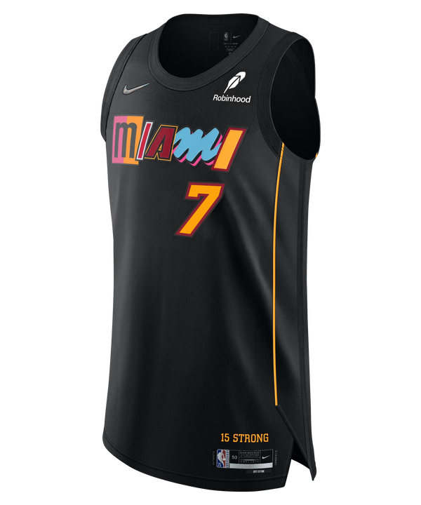 A black Giannis Antetokounmpo Nike Miami Mashup Authentic Jersey featuring colorful Miami text, the number 7, Nike and Robinhood logos, yellow side accents, twill team details, and 15 Strong near the hem.