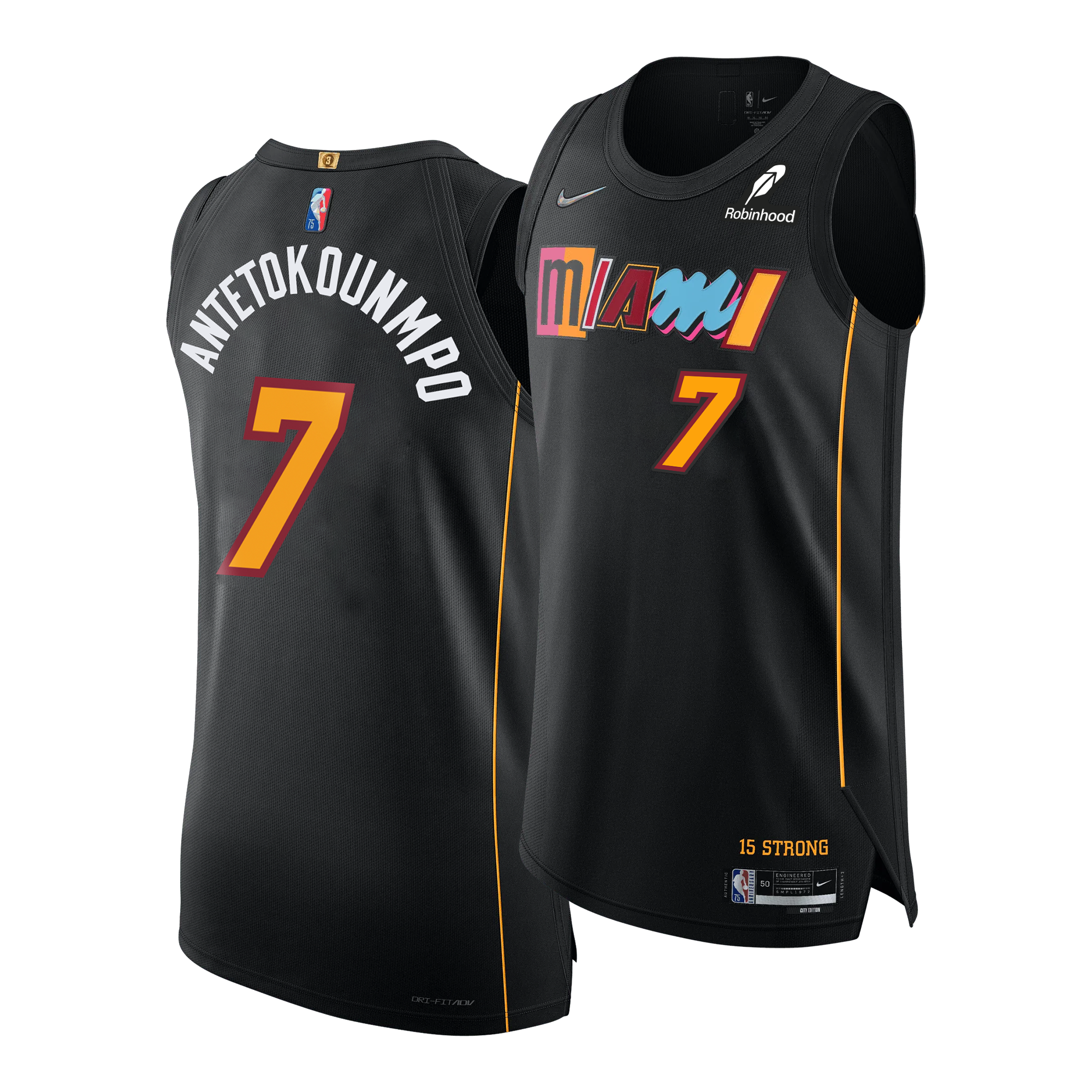 Two Nike Giannis Antetokounmpo Miami Mashup Authentic Jerseys in black, each featuring the number 7 and “Antetokounmpo” on the back. The front displays vibrant “miami” text along with Nike and Robinhood logos, complemented by yellow trim. Twill team details provide an authentic feel, while a jock tag accents the sporty design.