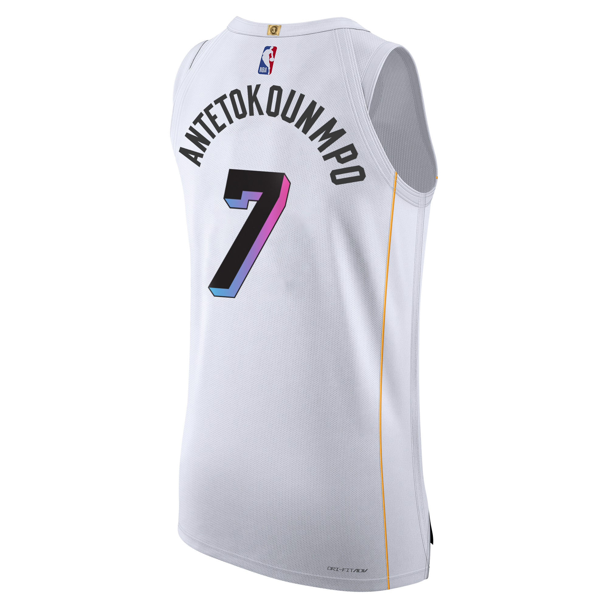 The Giannis Antetokounmpo Nike Miami Mashup Vol. 2 Authentic Jersey by Nike is displayed from a rear angle, showcasing a white design with “Antetokounmpo” and number 7 on the back in multicolored numbers accented by gold trim. This jersey features twill team and player details along with a striped knit armhole for an authentic look.