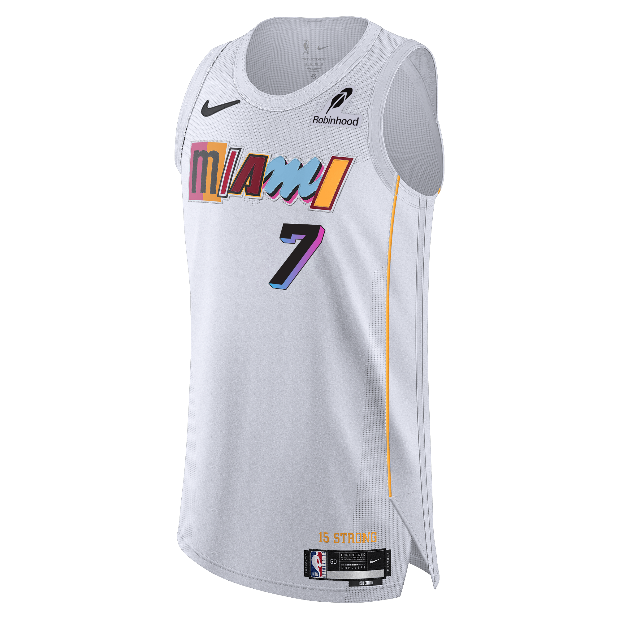 Giannis Antetokounmpo Nike Miami Mashup Vol. 2 Authentic Jersey by Nike features a white design with colorful Miami text, number 7, sponsor logos, and yellow side accents. Bold twill team and player details stand out along with a classic striped knit armhole for added style. The words “15 STRONG” appear above the NBA jock tag near the bottom hem.