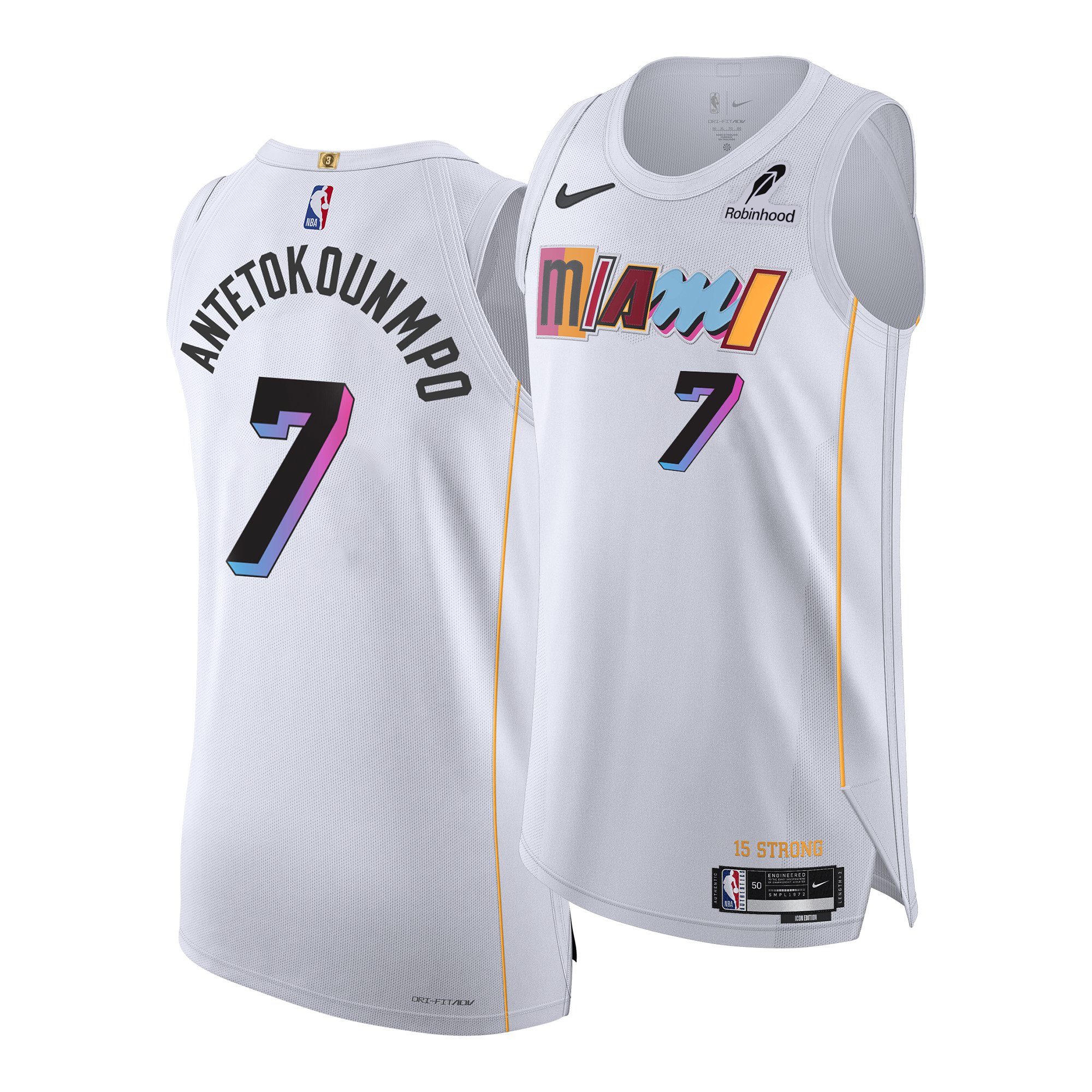 Two Nike Giannis Antetokounmpo Miami Mashup Vol. 2 Authentic Jerseys in white, each featuring Antetokounmpo’s name and the number 7 in vibrant, multicolored lettering and numbering. The jerseys showcase authentic twill player and team details plus a stylish striped knit armhole. One jersey displays the front with an official jock tag, while the other highlights the back.