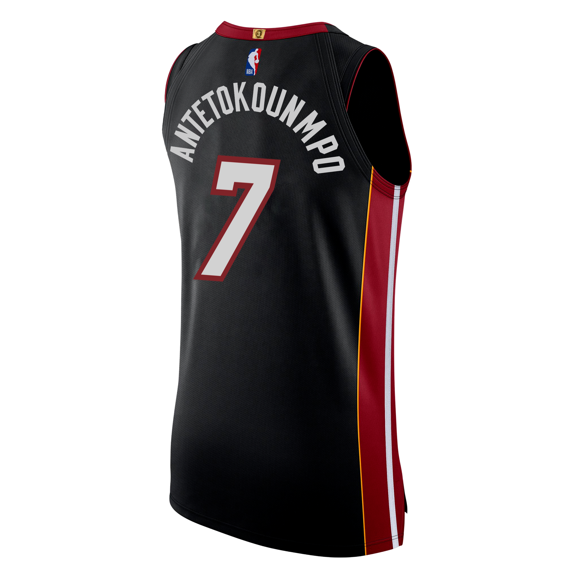 Experience ultimate comfort and style with the Nike Giannis Antetokounmpo Icon Black Authentic Jersey. This black basketball jersey features striking red and yellow side stripes and is crafted from a premium striped knit jersey for both comfort and flair. The back showcases “Antetokounmpo” and the number 7 in twill team detailing, while the official NBA league logo appears near the collar. Plus, this authentic Nike jersey is machine washable for easy care.