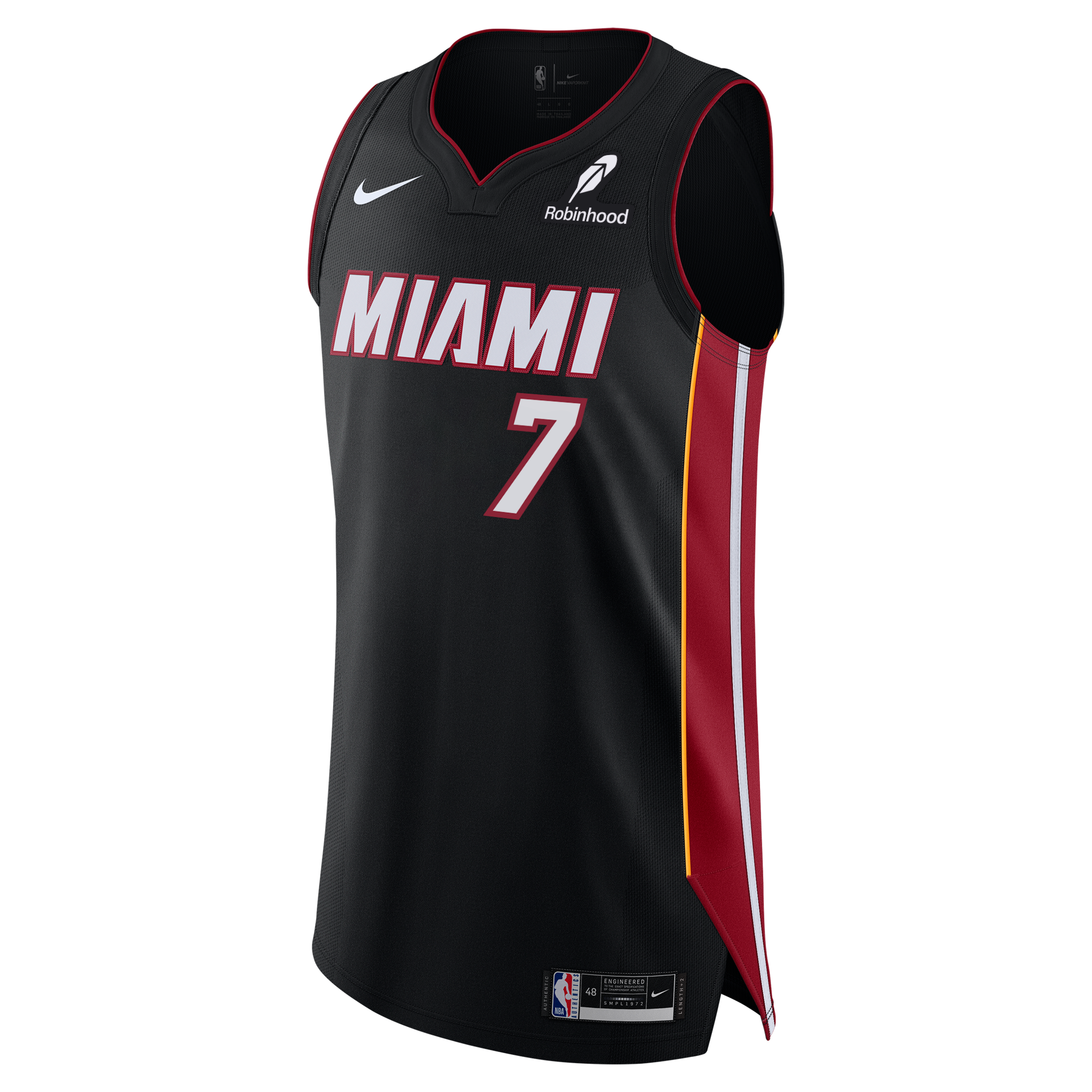 Show your team pride with the Giannis Antetokounmpo Nike Icon Black Authentic Jersey, featuring bold red and white “MIAMI” lettering, number 7 detailing, and striking red/yellow side stripes. This officially licensed Nike jersey includes both Nike and Robinhood logos, an NBA tag at the hem, and durable twill team graphics for an authentic look. Made from a machine-washable striped knit fabric, it offers both style and easy care for game day excitement.