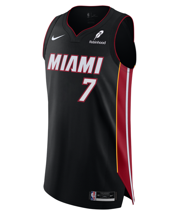Show your team pride with the Giannis Antetokounmpo Nike Icon Black Authentic Jersey, featuring bold red and white “MIAMI” lettering, number 7 detailing, and striking red/yellow side stripes. This officially licensed Nike jersey includes both Nike and Robinhood logos, an NBA tag at the hem, and durable twill team graphics for an authentic look. Made from a machine-washable striped knit fabric, it offers both style and easy care for game day excitement.