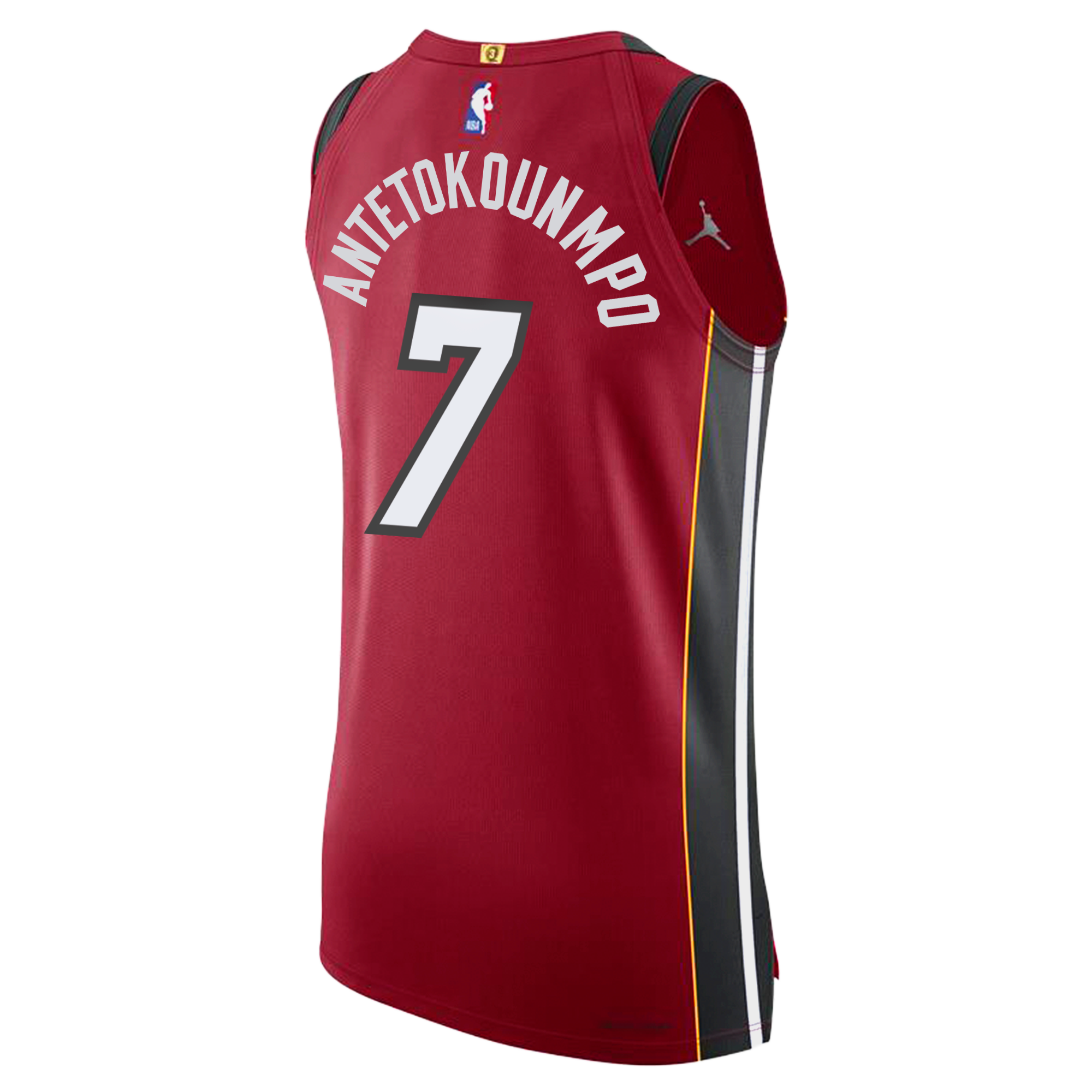 The Nike Giannis Antetokounmpo Jordan Brand Miami HEAT Statement Red Authentic Jersey features ANTETOKOUNMPO and the number 7 on the back, black and yellow side panels, twill team details, and NBA and Jordan logos near the neckline—all crafted in a striped knit jersey style for authentic pro game day appeal.