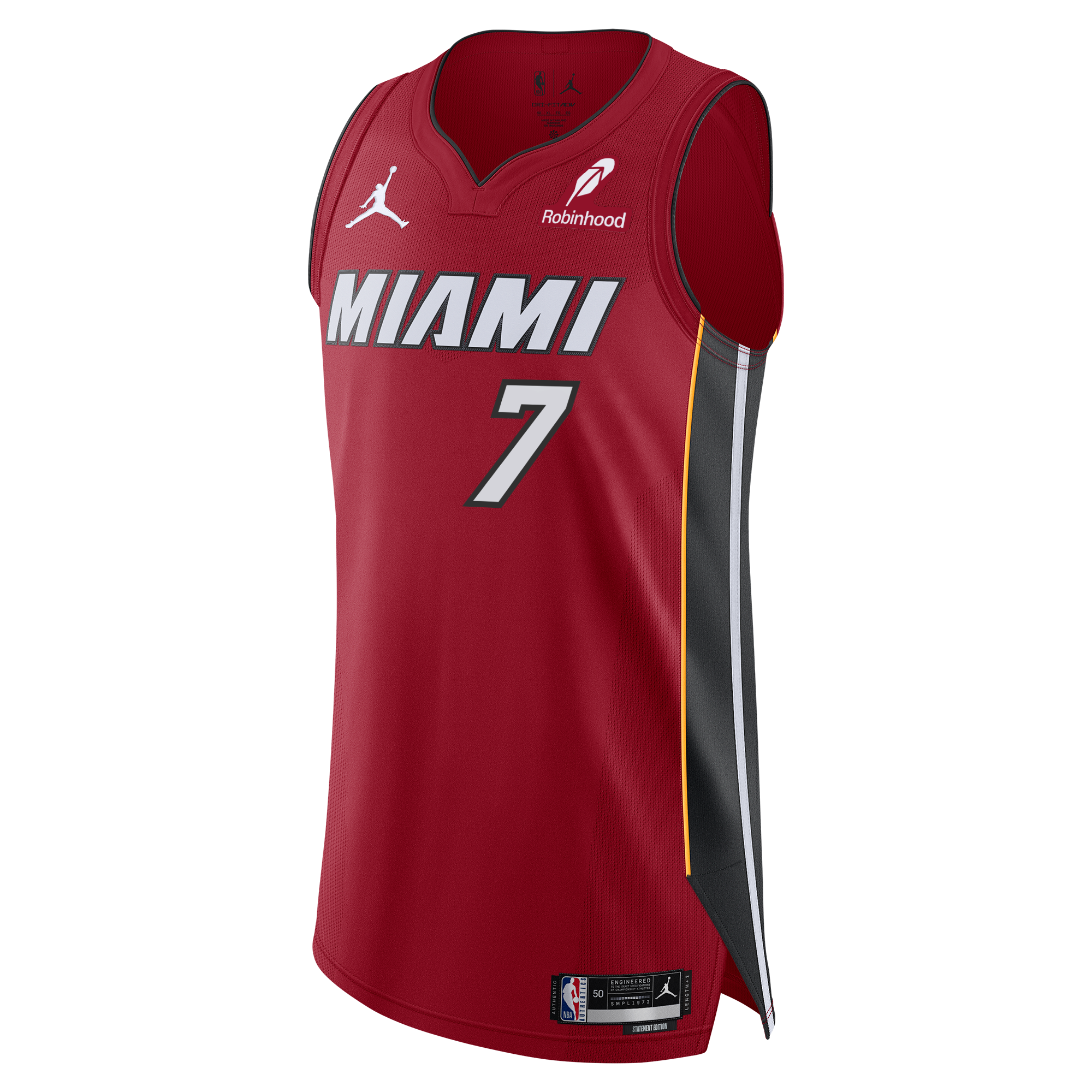 The Giannis Antetokounmpo Nike Jordan Brand Miami HEAT Statement Red Authentic Jersey showcases the number 7, bold white MIAMI lettering, black and yellow side stripes, NBA and Jordan logos, a Robinhood sponsor badge, and premium twill team details for a true pro game day look.