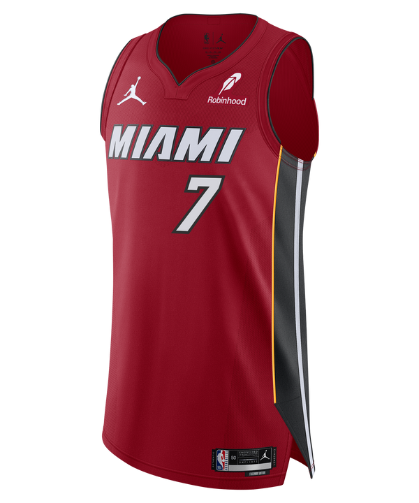 The Giannis Antetokounmpo Nike Jordan Brand Miami HEAT Statement Red Authentic Jersey showcases the number 7, bold white MIAMI lettering, black and yellow side stripes, NBA and Jordan logos, a Robinhood sponsor badge, and premium twill team details for a true pro game day look.