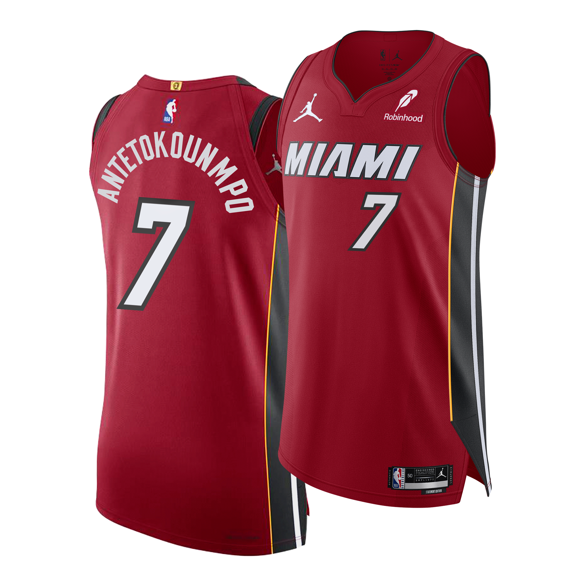 A Nike Jordan Brand Miami HEAT Statement Red Authentic Jersey featuring Giannis Antetokounmpo’s name and number 7 in twill detailing, shown from both the front and back angles.