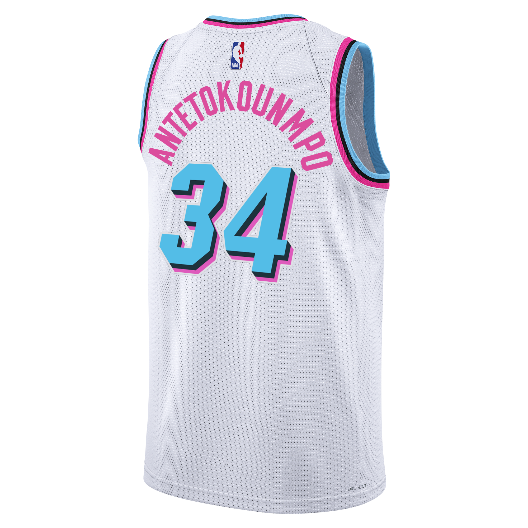 The Giannis Antetokounmpo Nike Original Vice Swingman Jersey by Nike features a white City Edition design with blue and pink trim, the NBA logo, and Antetokounmpo’s name and number 34 in blue outlined in pink on the back.