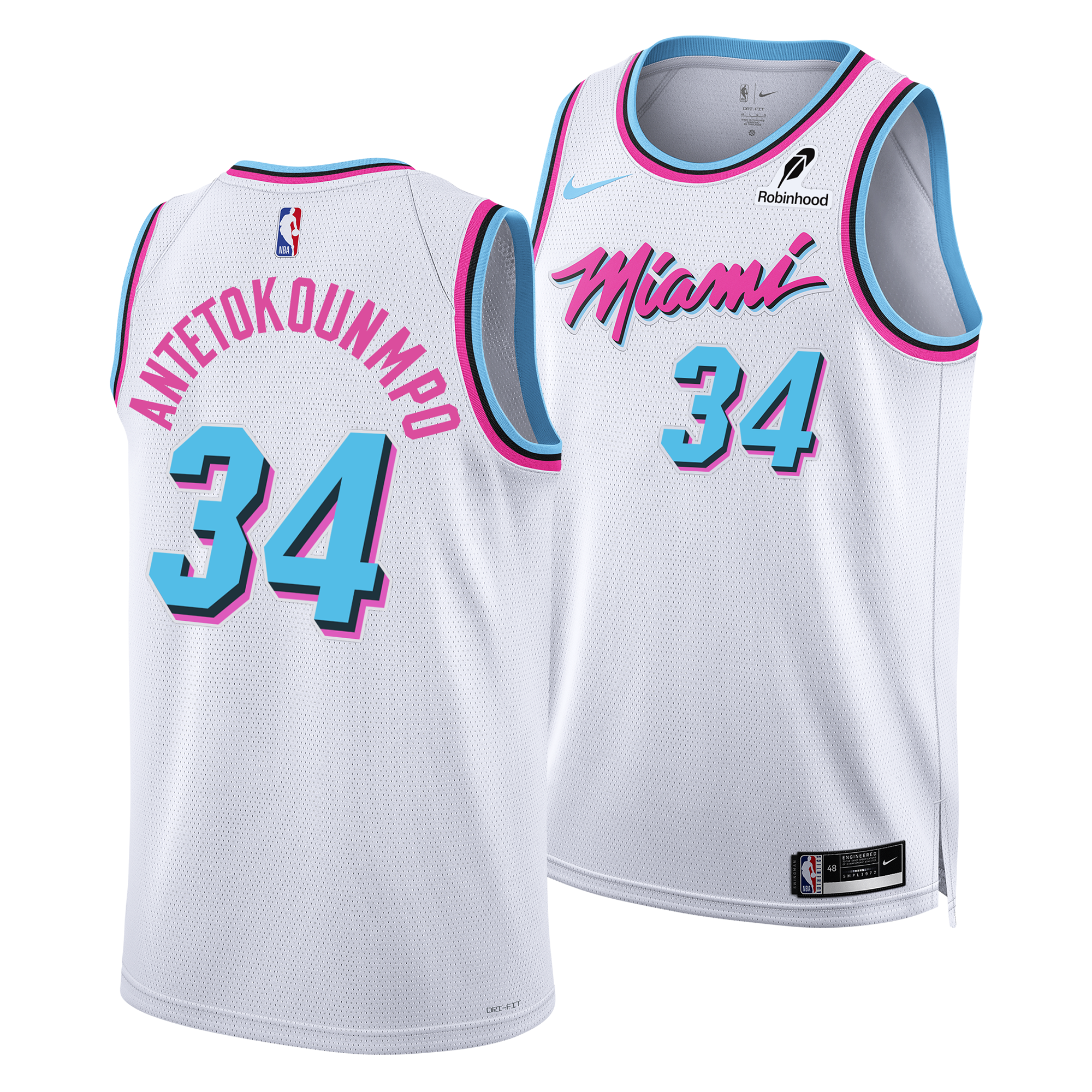 The Giannis Antetokounmpo Nike Original Vice Youth Swingman Jersey by Nike features Miami’s Vice City Edition design, white with pink and blue trim, number 34, 