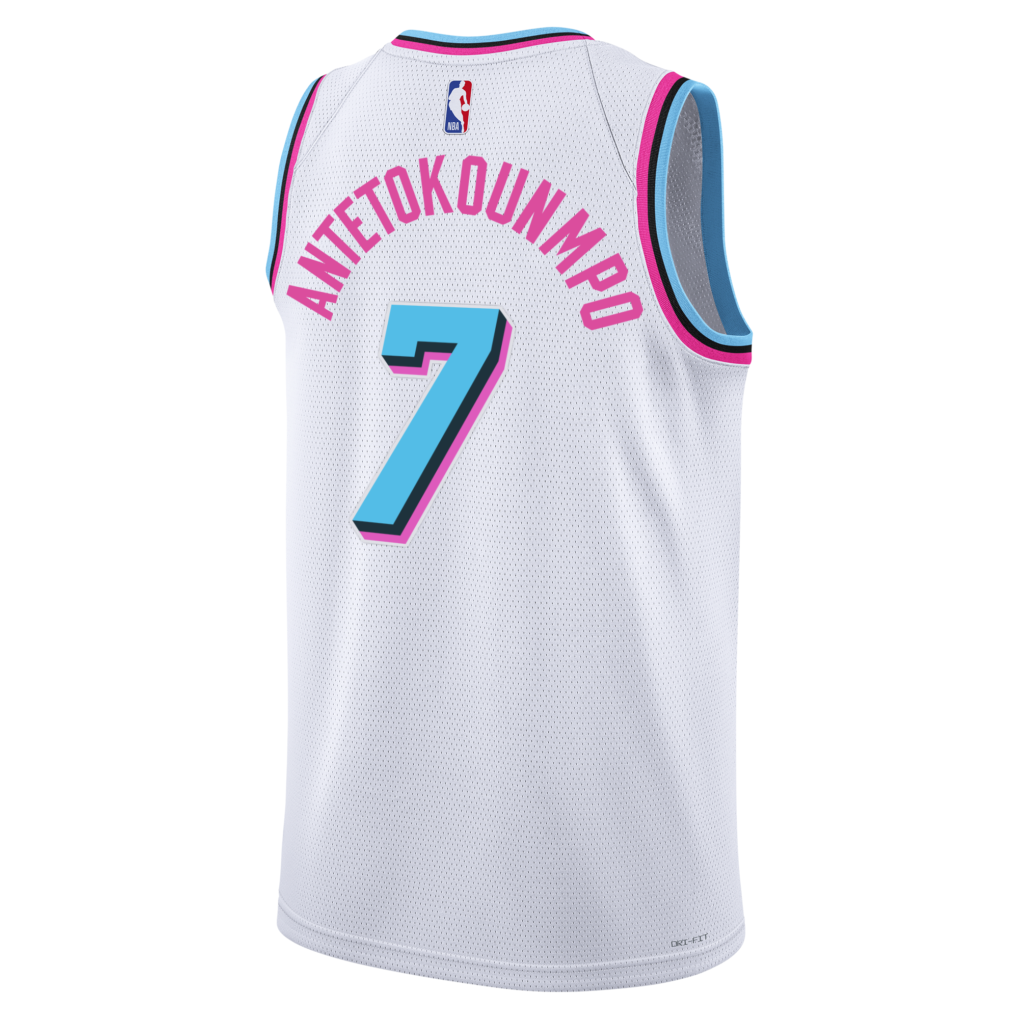 The Nike Giannis Antetokounmpo Original Vice Youth Swingman Jersey features white fabric with pink and blue trim, ANTETOKOUNMPO and #7 in blue with pink outline on the back, plus the NBA logo, inspired by the Miami HEAT City Edition style.