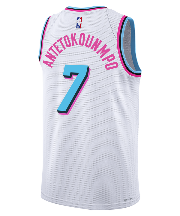 The Giannis Antetokounmpo Nike Original Vice Youth Swingman Jersey features a white Miami HEAT City Edition look with light blue and pink trim, “Miami” script, blue number 7 outlined in pink, NBA branding, Robinhood sponsor logo, and Nike logo.
