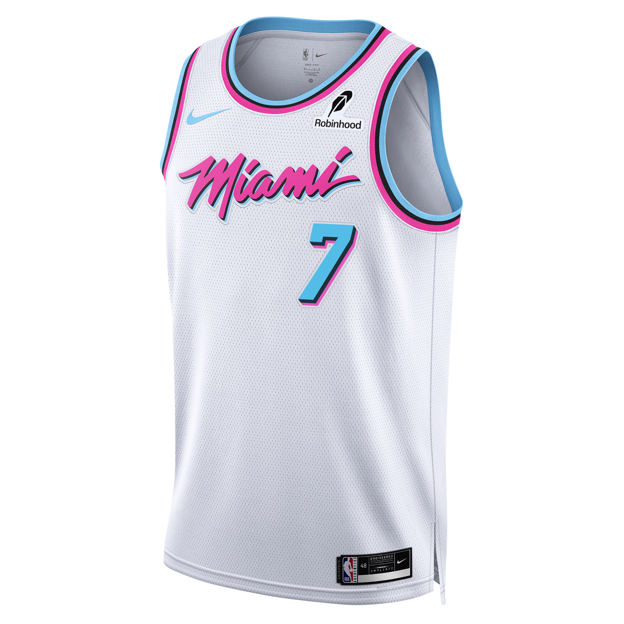 The Giannis Antetokounmpo Nike Original Vice Swingman Jersey features a white Miami HEAT Vice City design with pink 