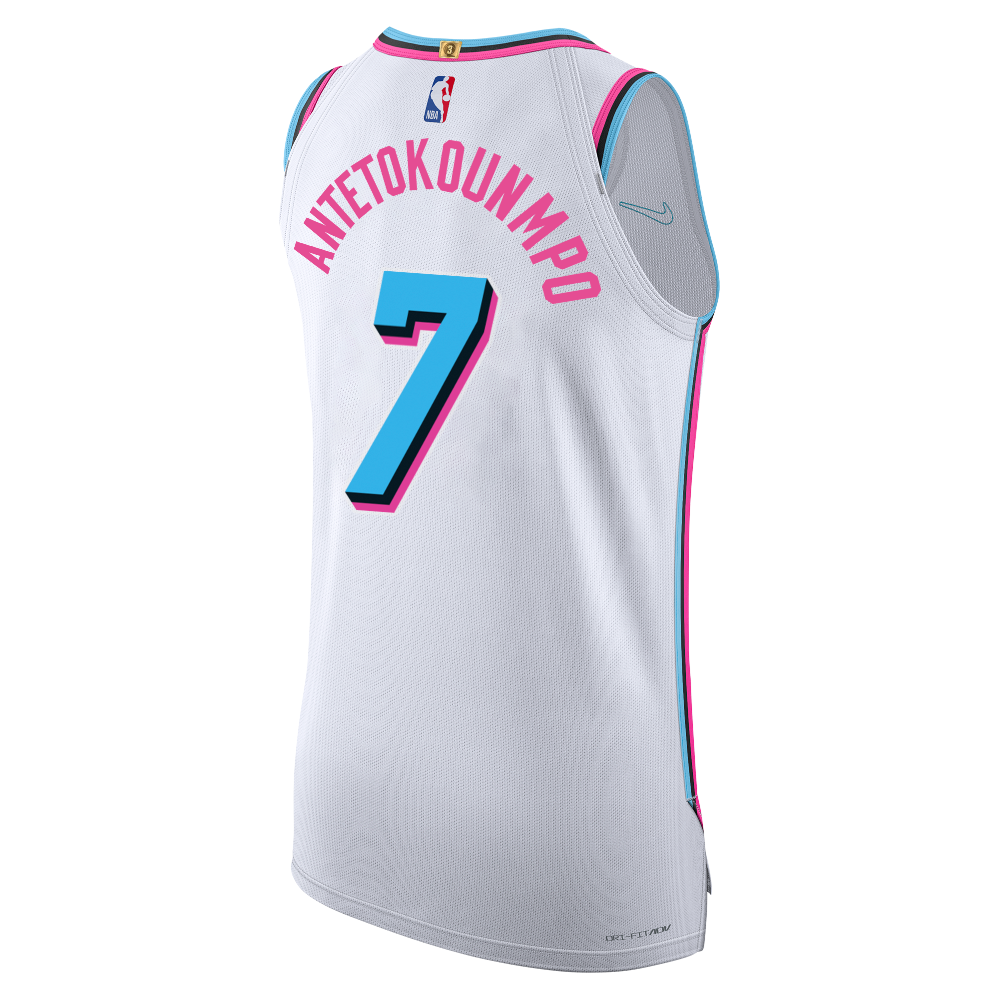 The Giannis Antetokounmpo Nike Original Vice Authentic Jersey by Nike is a white basketball jersey accented with pink and blue trim, featuring ANTETOKOUNMPO and the number 7 on the back, and finished with pro game day twill team details for an authentic look.
