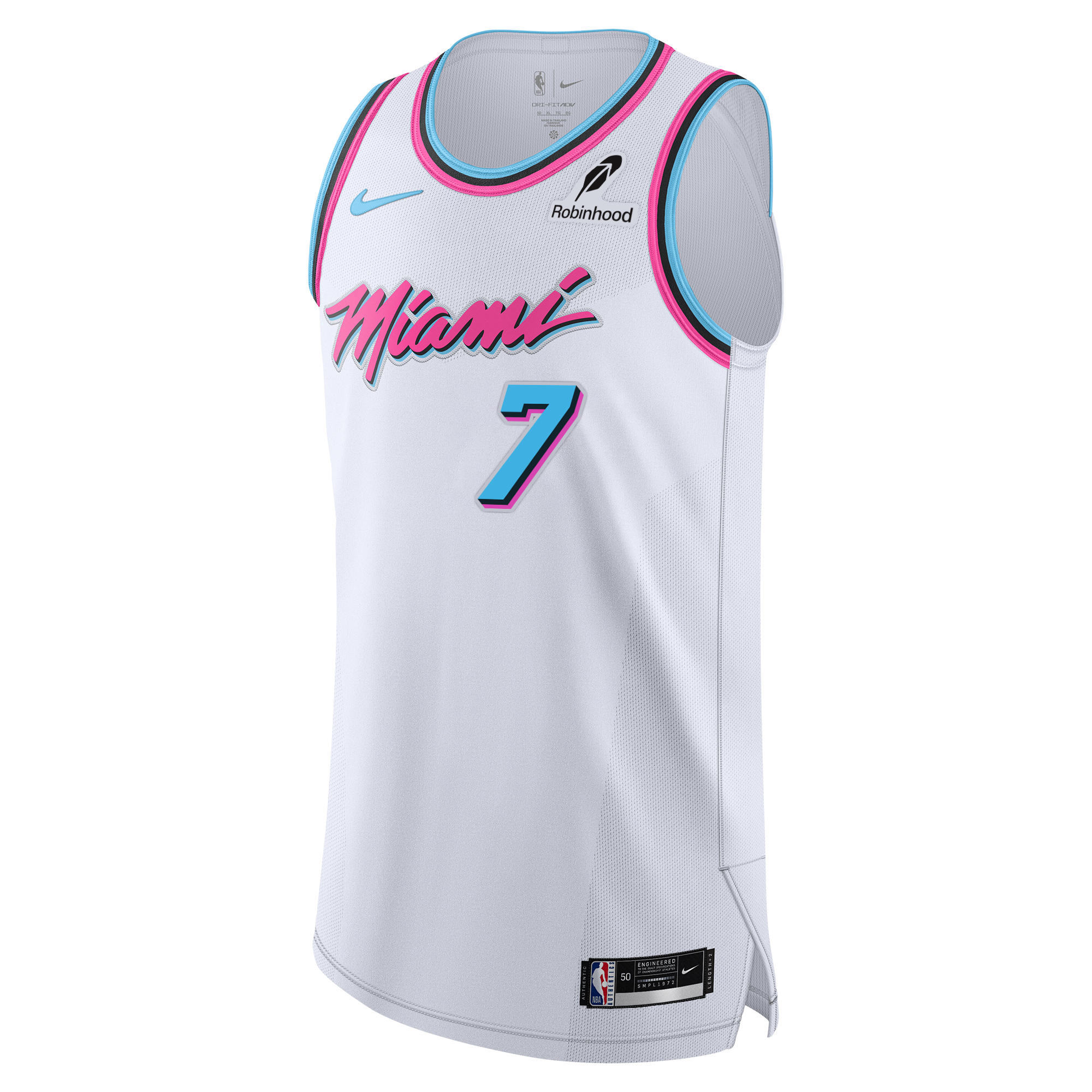 Introducing the Giannis Antetokounmpo Nike Original Vice Authentic Jersey—a white basketball jersey featuring pink and blue accents, “Miami” in vibrant pink script, a blue number 7, twill team details, and both Nike and Robinhood logos. Finished with an NBA Authentics tag at the hem and crafted in a striped knit jersey style for true pro game day appeal.