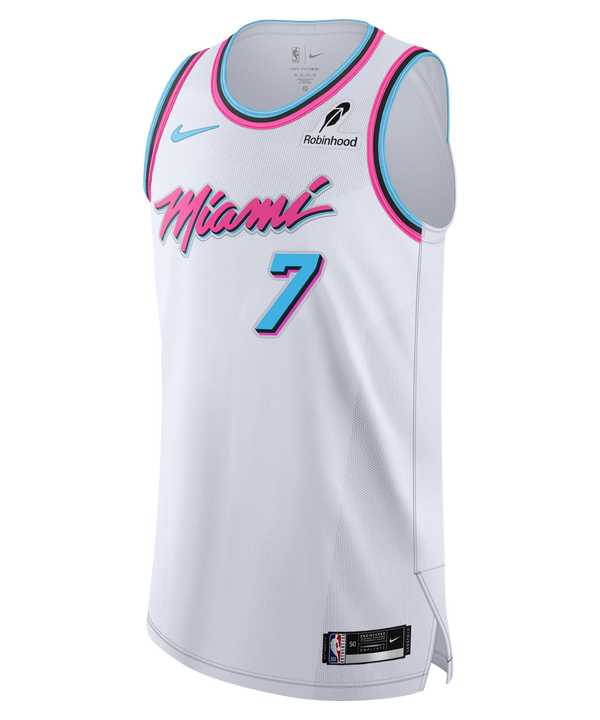 Introducing the Giannis Antetokounmpo Nike Original Vice Authentic Jersey—a white basketball jersey featuring pink and blue accents, “Miami” in vibrant pink script, a blue number 7, twill team details, and both Nike and Robinhood logos. Finished with an NBA Authentics tag at the hem and crafted in a striped knit jersey style for true pro game day appeal.