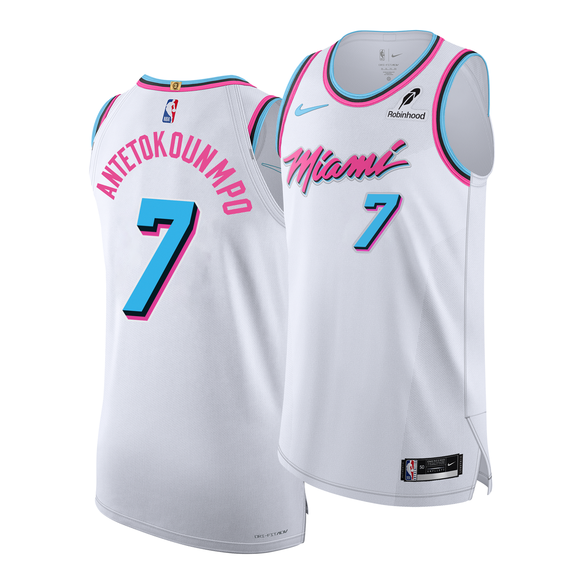 Two views of the Giannis Antetokounmpo Nike Original Vice Authentic Jersey from Nike are shown in white with blue and pink trim. This pro game day striped knit jersey features twill team details for an authentic look. The front displays “Miami” and the number 7, while the back shows “Antetokounmpo” and number 7. Both Nike and sponsor logos are visible.