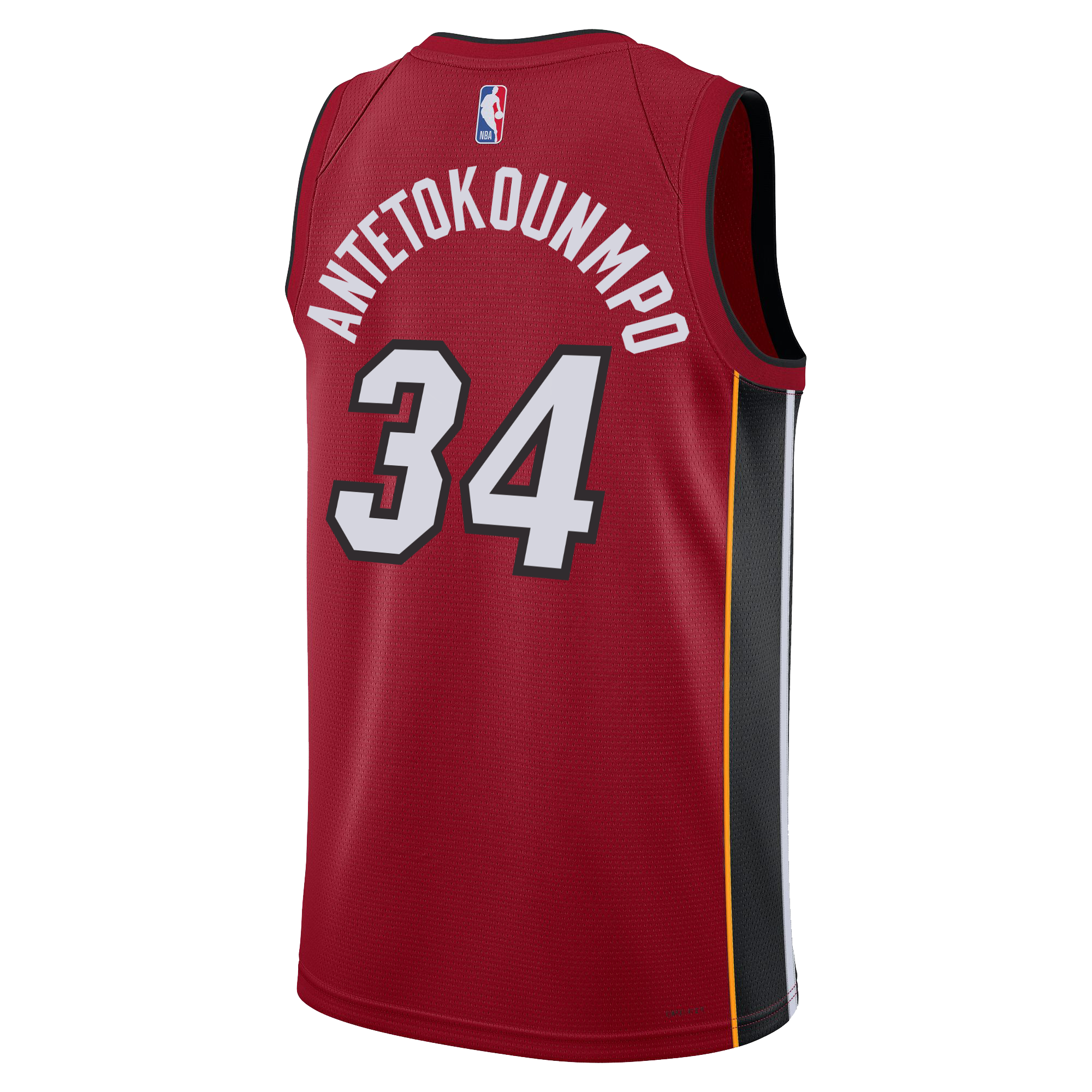 The Giannis Antetokounmpo Nike Jordan Brand Miami HEAT Statement Red Swingman Jersey by Nike features black and yellow side panels, his name, number 34, and an NBA logo—ideal for fans seeking both comfort and performance.