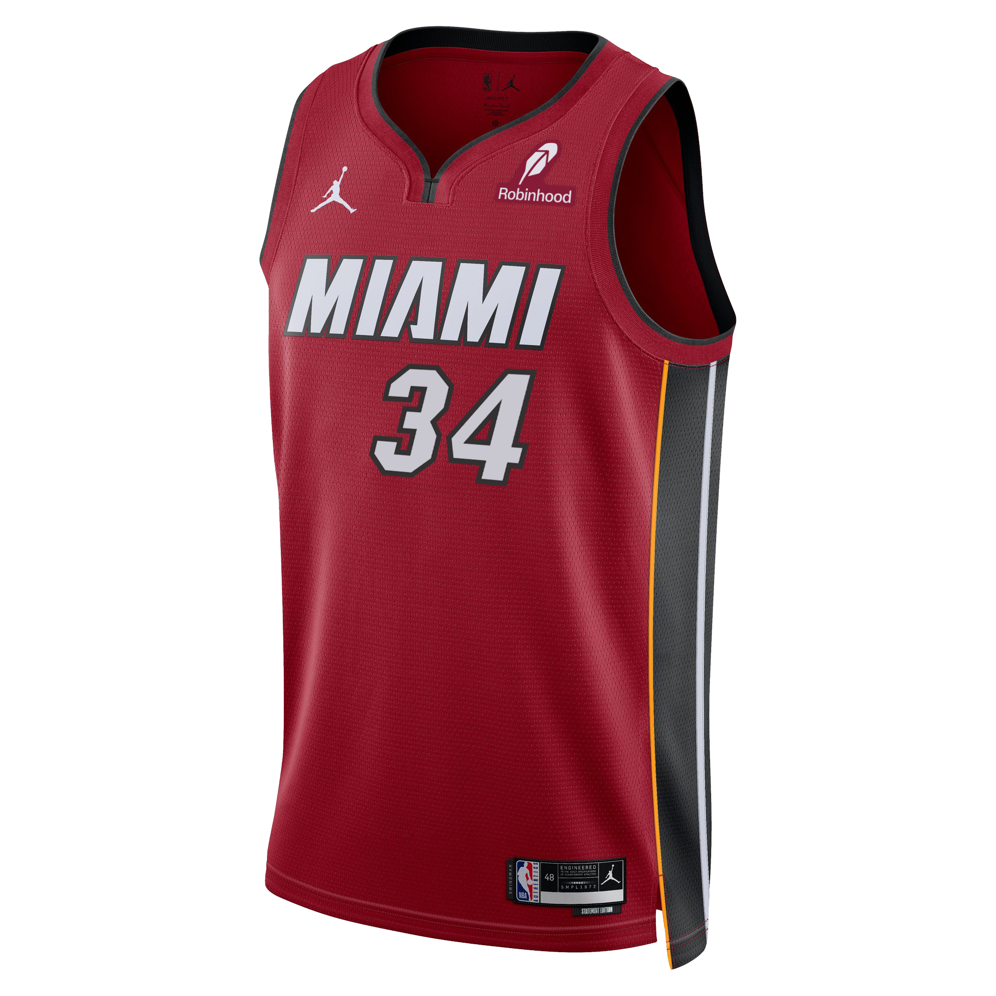 The Nike Giannis Antetokounmpo Miami HEAT Statement Red Swingman Jersey features a sleeveless Dri-FIT design, number 34, large white 
