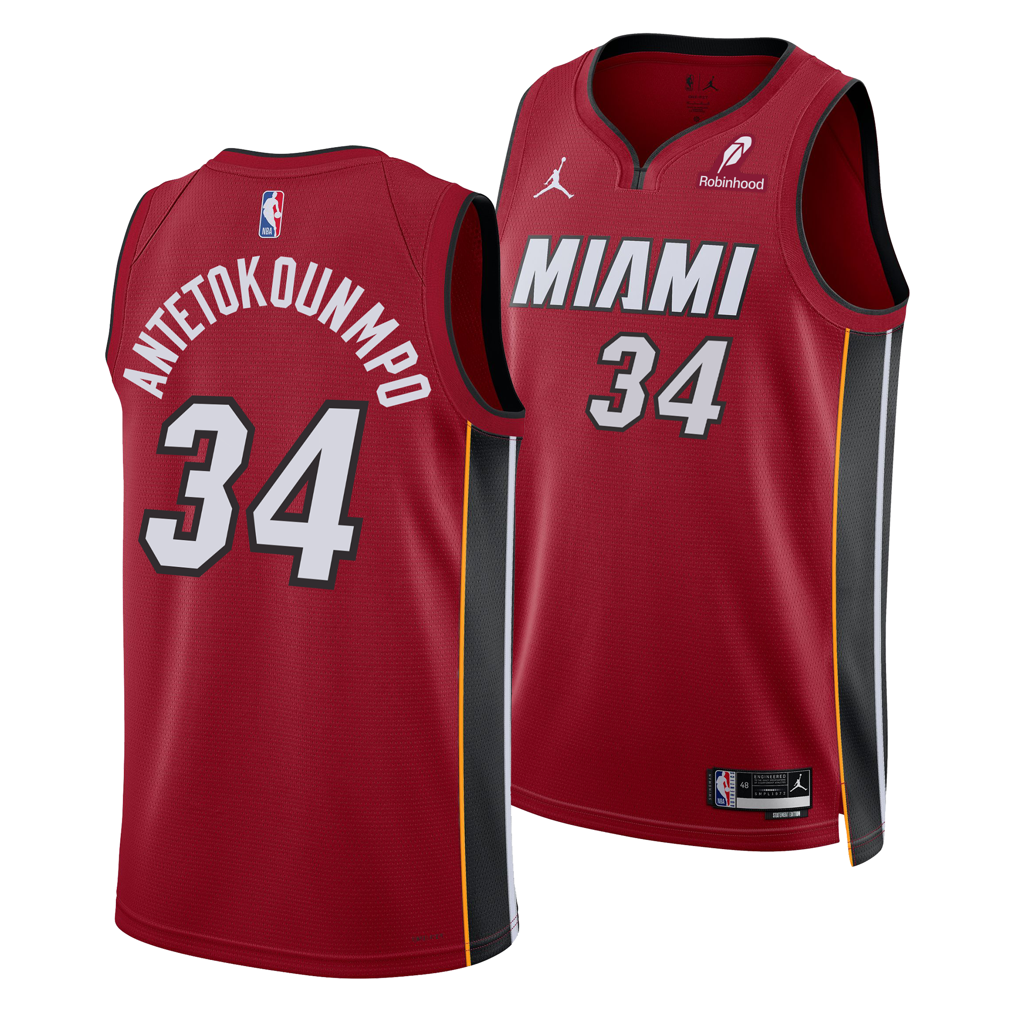 The Nike Giannis Antetokounmpo Miami HEAT Statement Red Swingman Jersey features number 34, Antetokounmpo on the back, MIAMI and 34 on the front, Dri-FIT moisture-wicking fabric, and black, white, yellow accents with sponsor logos.