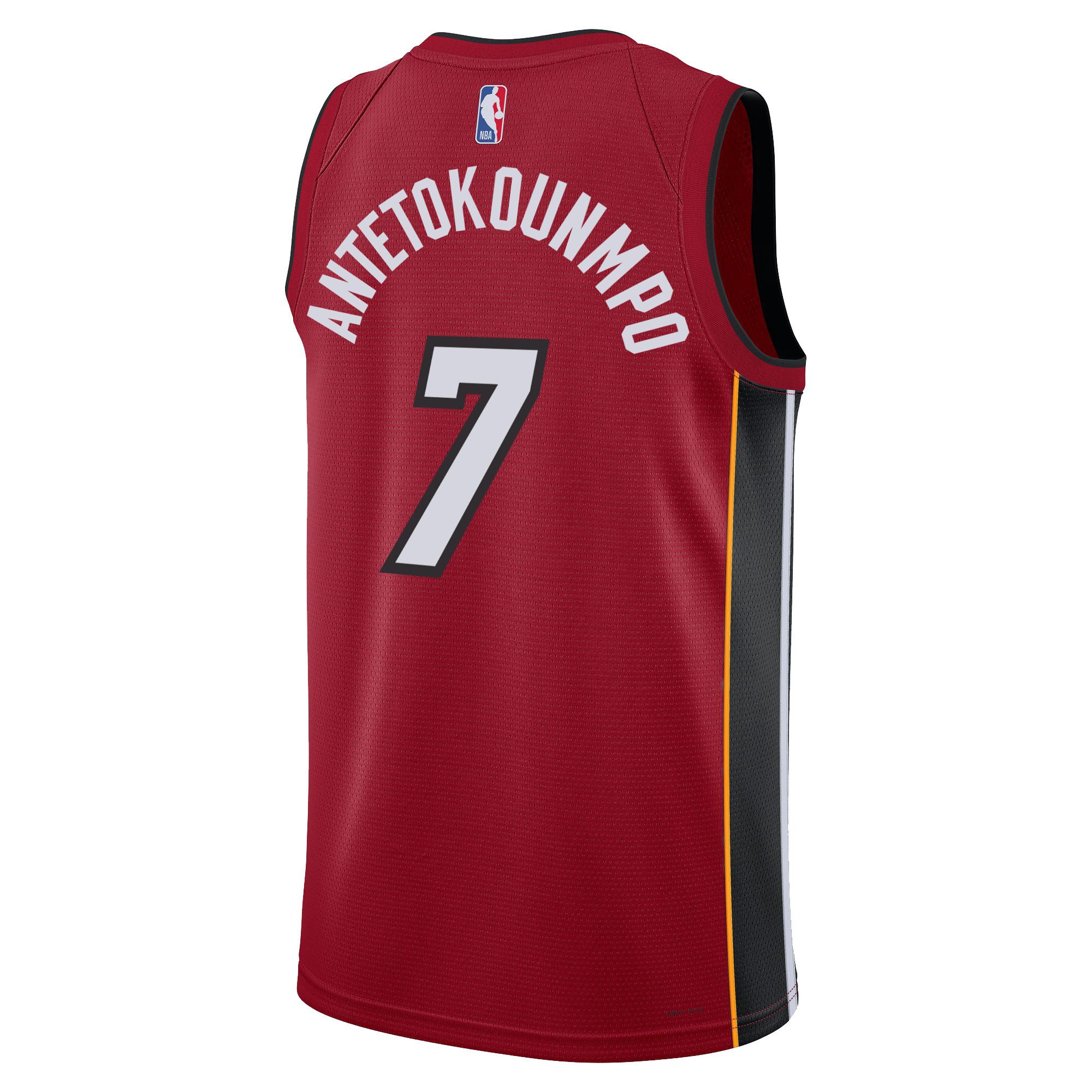 The Nike Giannis Antetokounmpo Jordan Brand Miami HEAT Statement Red Swingman Youth Jersey features black side panels, ANTETOKOUNMPO and number 7 on the back, Dri-FIT moisture-wicking tech, and an NBA logo near the collar.