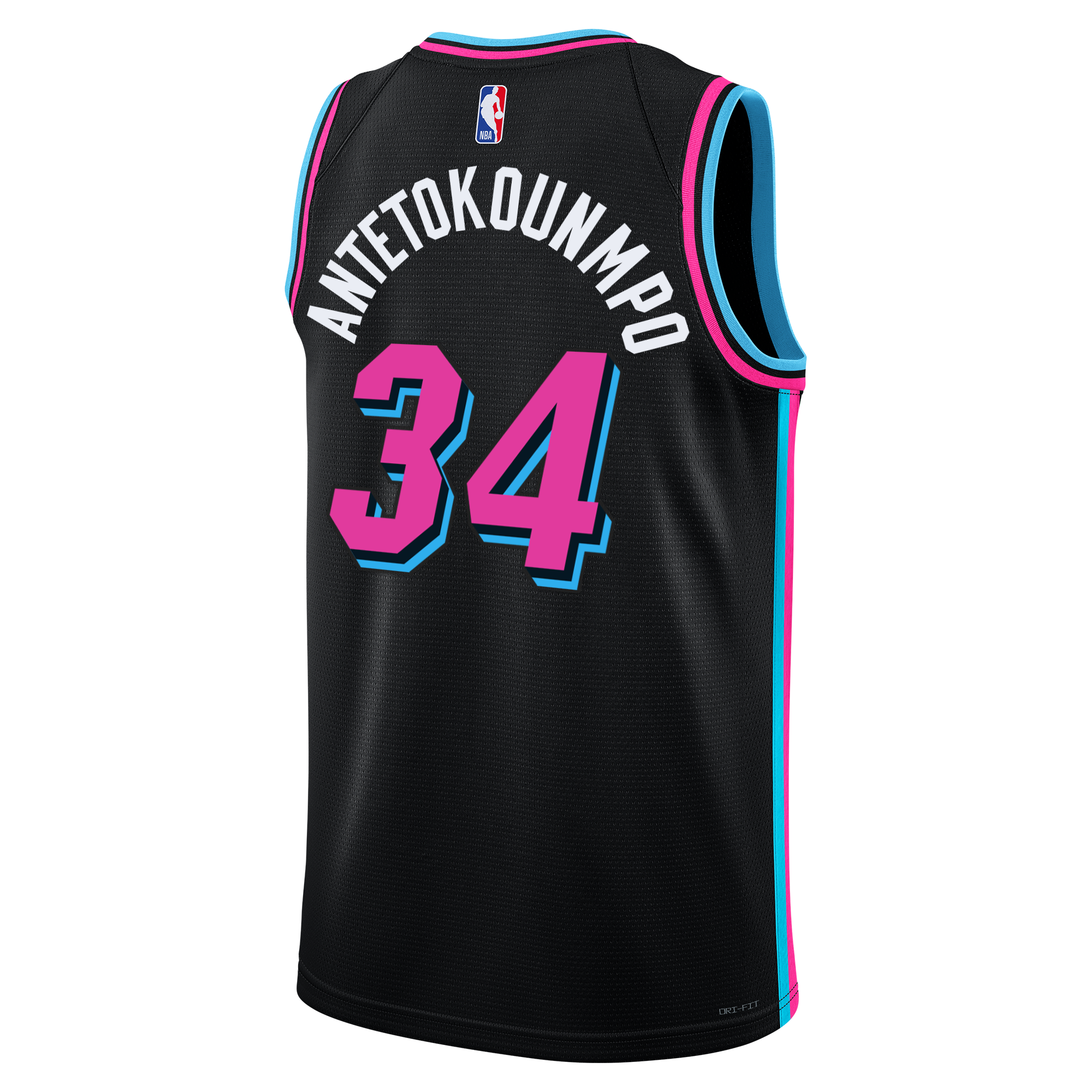 The Nike Giannis Antetokounmpo Original Vice Nights Youth Swingman Jersey features black fabric with blue and pink trim, bold 34 and Antetokounmpo lettering, the NBA logo, and advanced Dri-FIT tech for comfort.