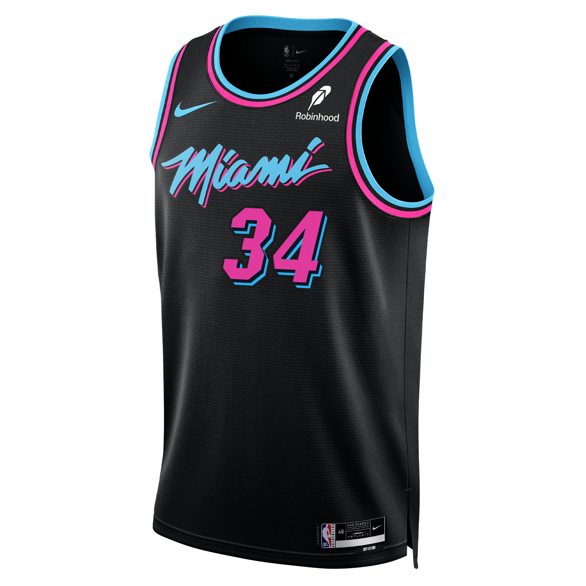 The Nike Giannis Antetokounmpo Original Vice Nights Swingman Jersey features a black polyester build with neon pink and blue trim, number 34, Miami script, plus Nike and Robinhood logos—combining style and comfort in a standard fit.